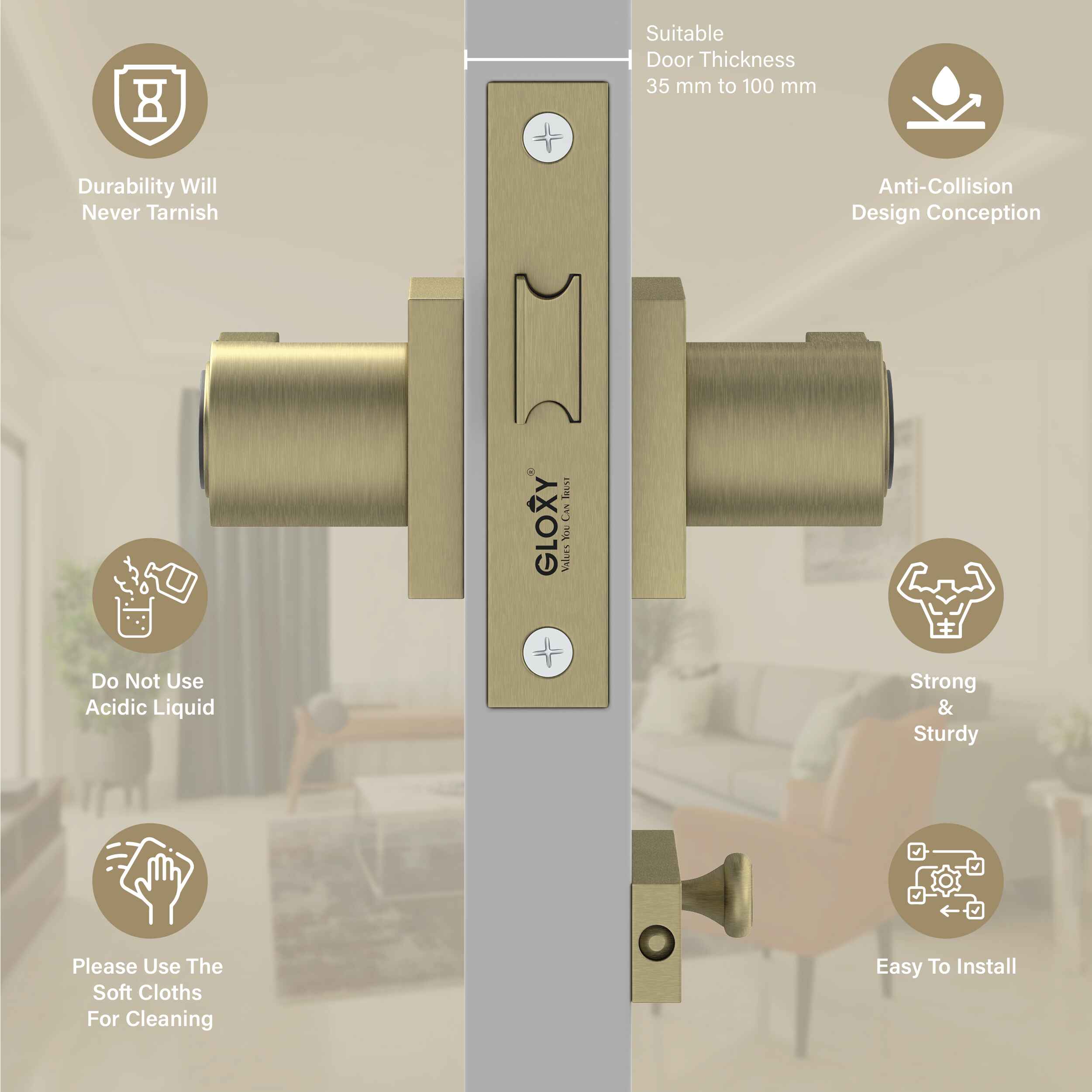 GLOXY Brass Door Lock for Balcony Store Room Door Lock, Mortise Keyless Handle Set with Brass Baby Latch for Home,Office,Hotel | Antique & Black Finish (2 Years Warranty, Pack of 1)