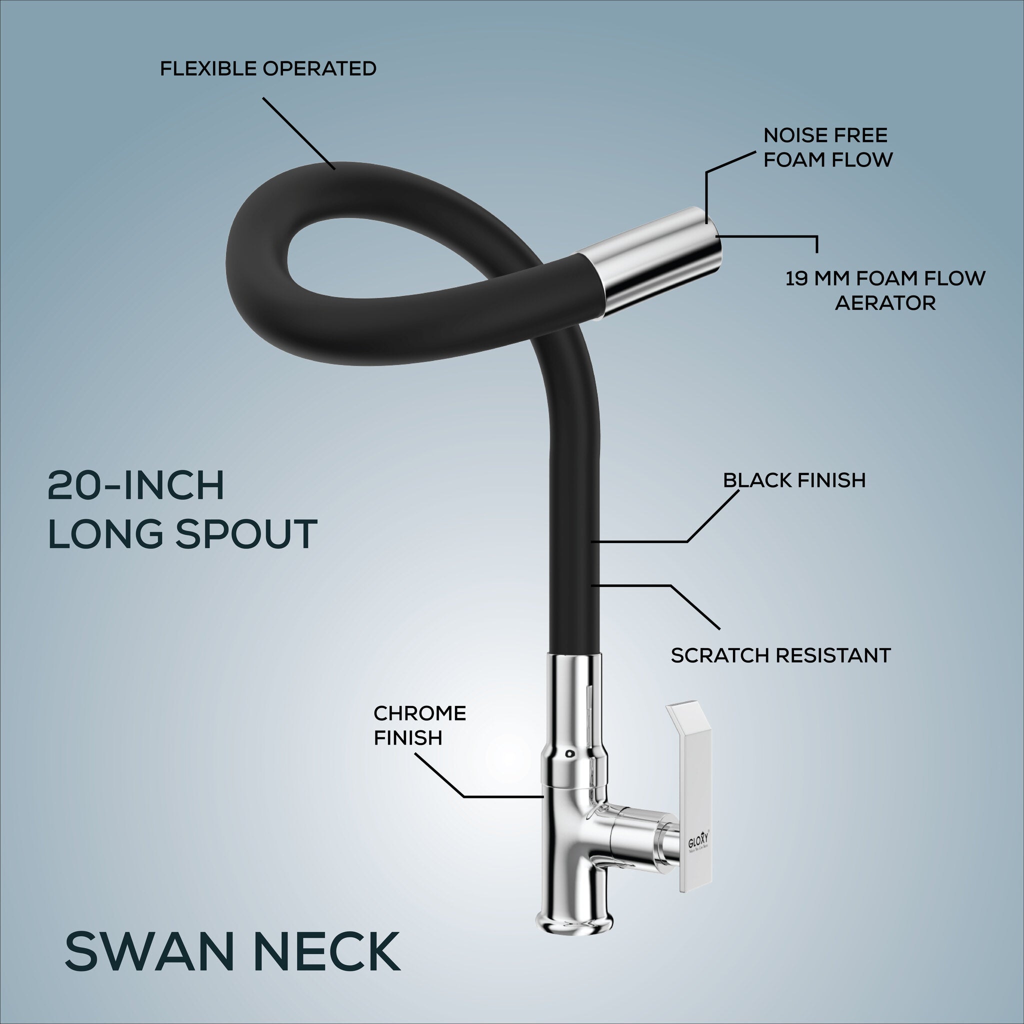 Gloxy Brass Kitchen Faucet with Chrome Finished Leak Proof Touch Lever - Grey 20 Inch Silicon Flexible Spout with Single Flow Water Saving Nozzle for Kitchen - 10 Years Warranty on Spindle Only
