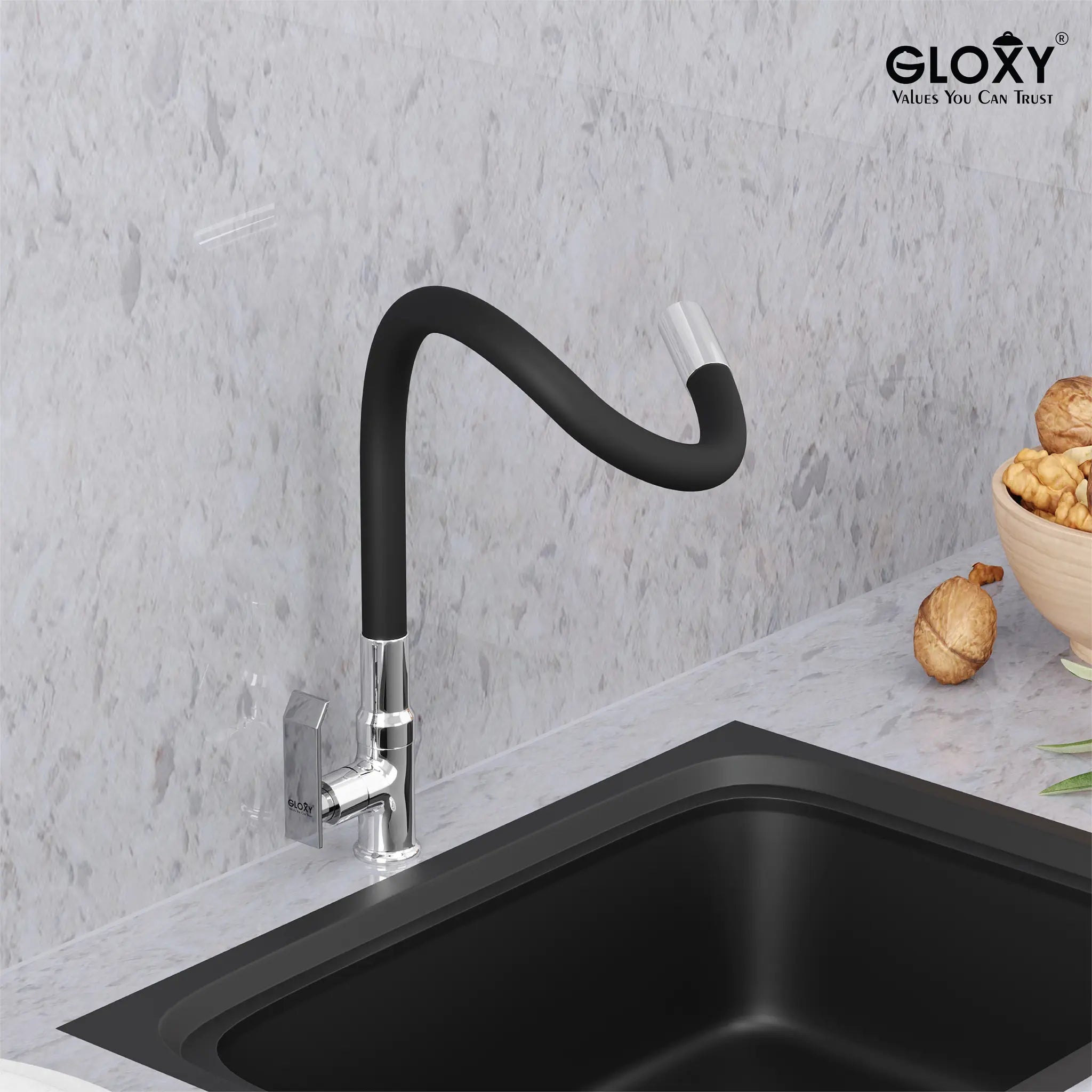 Gloxy Brass Kitchen Faucet with Chrome Finished Leak Proof Touch Lever - Grey 20 Inch Silicon Flexible Spout with Single Flow Water Saving Nozzle for Kitchen - 10 Years Warranty on Spindle Only