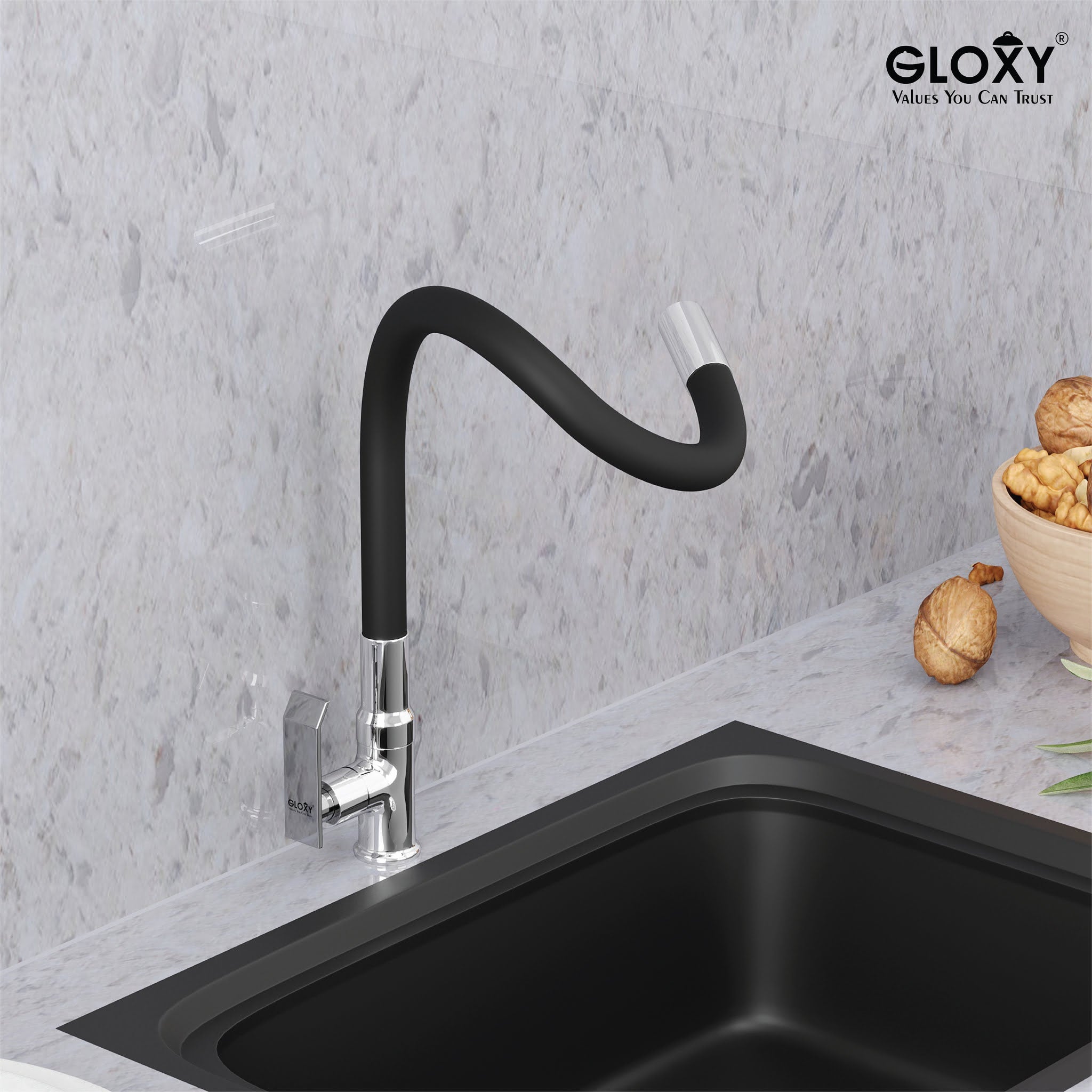 Gloxy Brass Kitchen Faucet with Chrome Finished Leak Proof Touch Lever - Grey 20 Inch Silicon Flexible Spout with Single Flow Water Saving Nozzle for Kitchen - 10 Years Warranty on Spindle Only