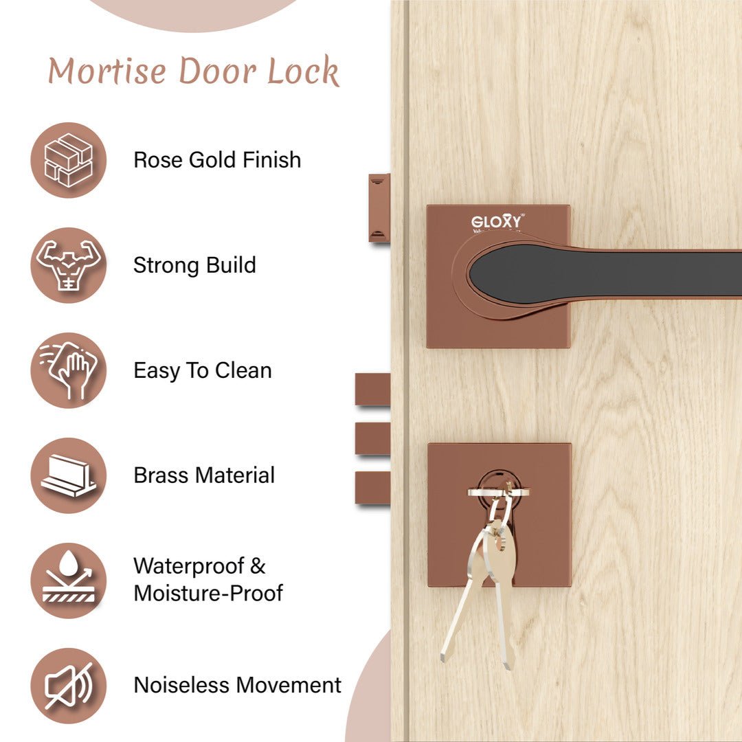 Mortise Door Handles | Main Door Lock Handles Set with 3 Keys for Safety of Home | Kitchen, Bedroom, Bathroom(Rose Gold)-by GLOXY®