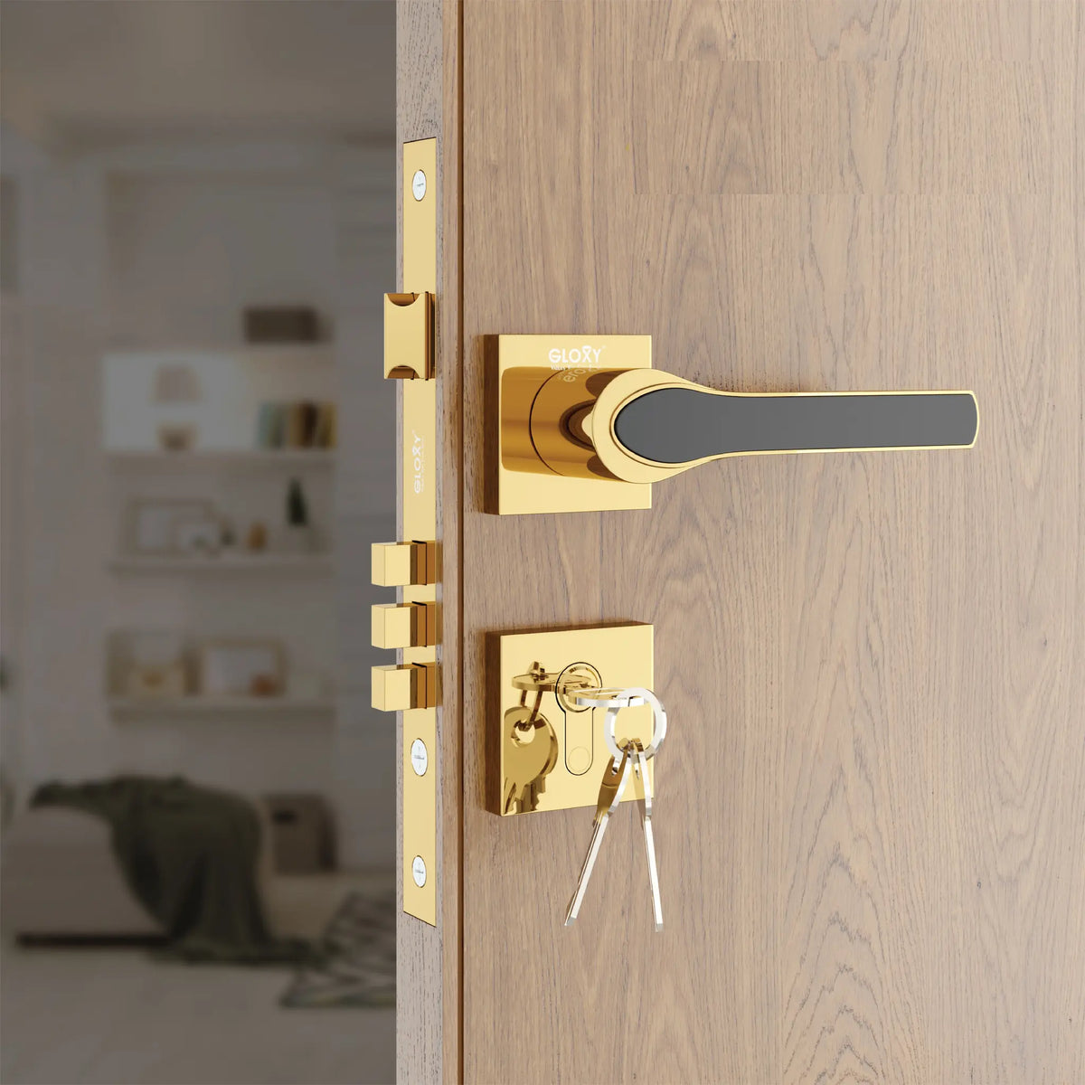 Mortise Door Handles | Main Door Lock Handles Set with 3 Keys for Safety of Home | Kitchen, Bedroom, Bathroom(Gold)-by GLOXY®