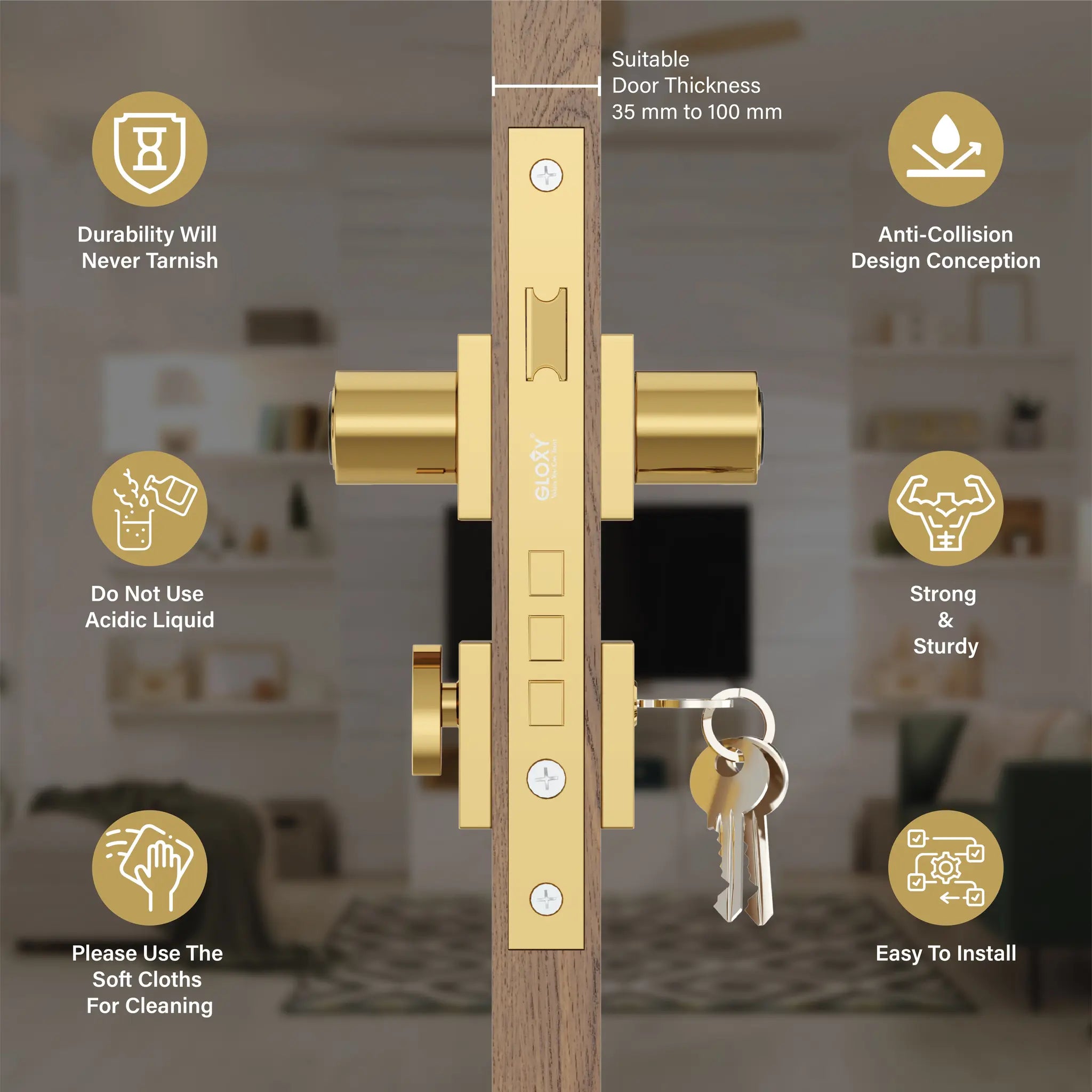 Mortise Door Handles | Main Door Lock Handles Set with 3 Keys for Safety of Home | Kitchen, Bedroom, Bathroom(Gold)-by GLOXY®