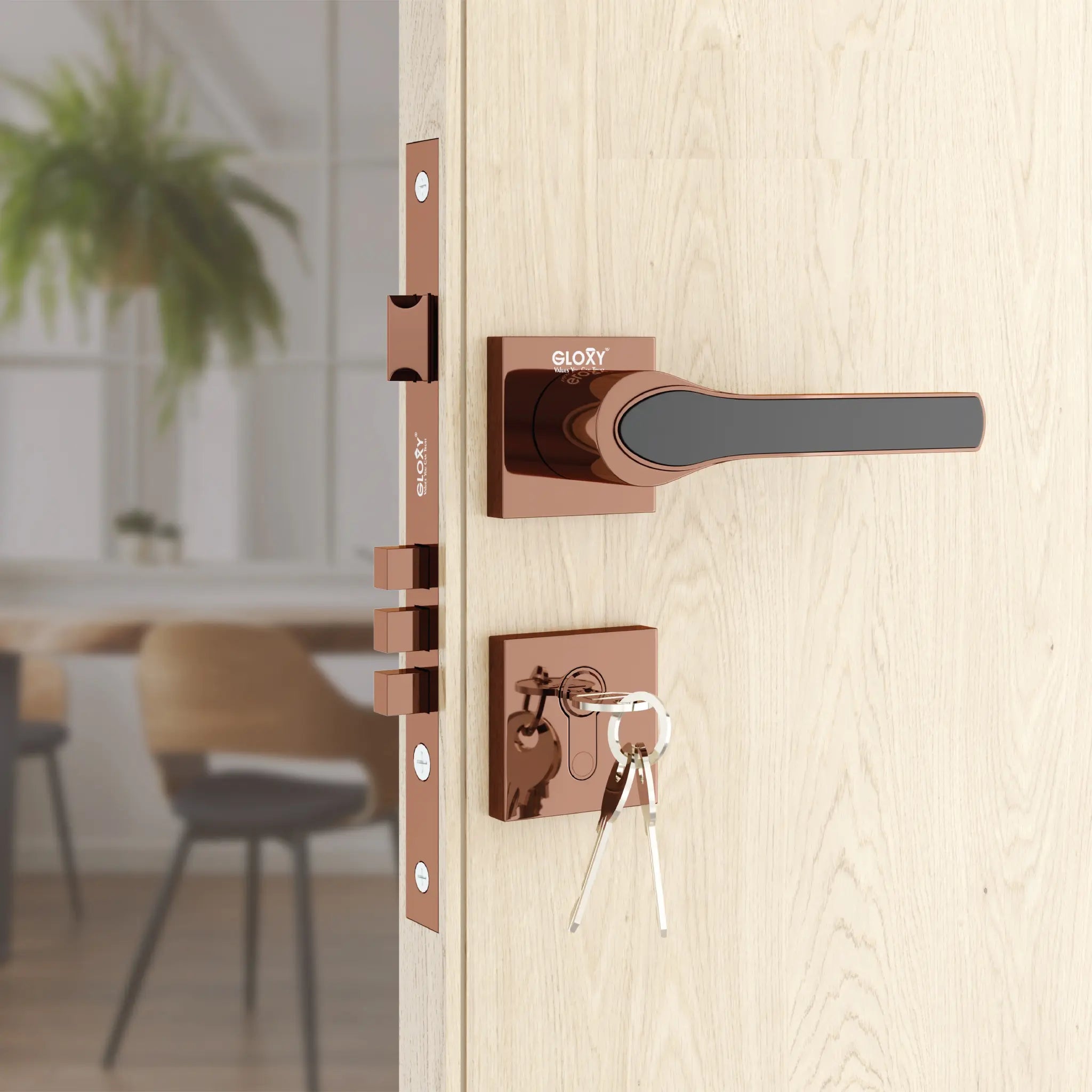 Gloxy Safro Series Rose Gold Finish Mortise Main Door Key Lock With Handle