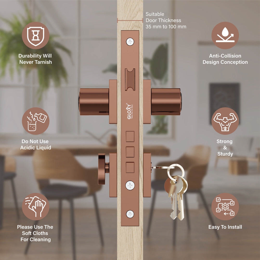 Mortise Door Handles | Main Door Lock Handles Set with 3 Keys for Safety of Home | Kitchen, Bedroom, Bathroom(Rose Gold)-by GLOXY®