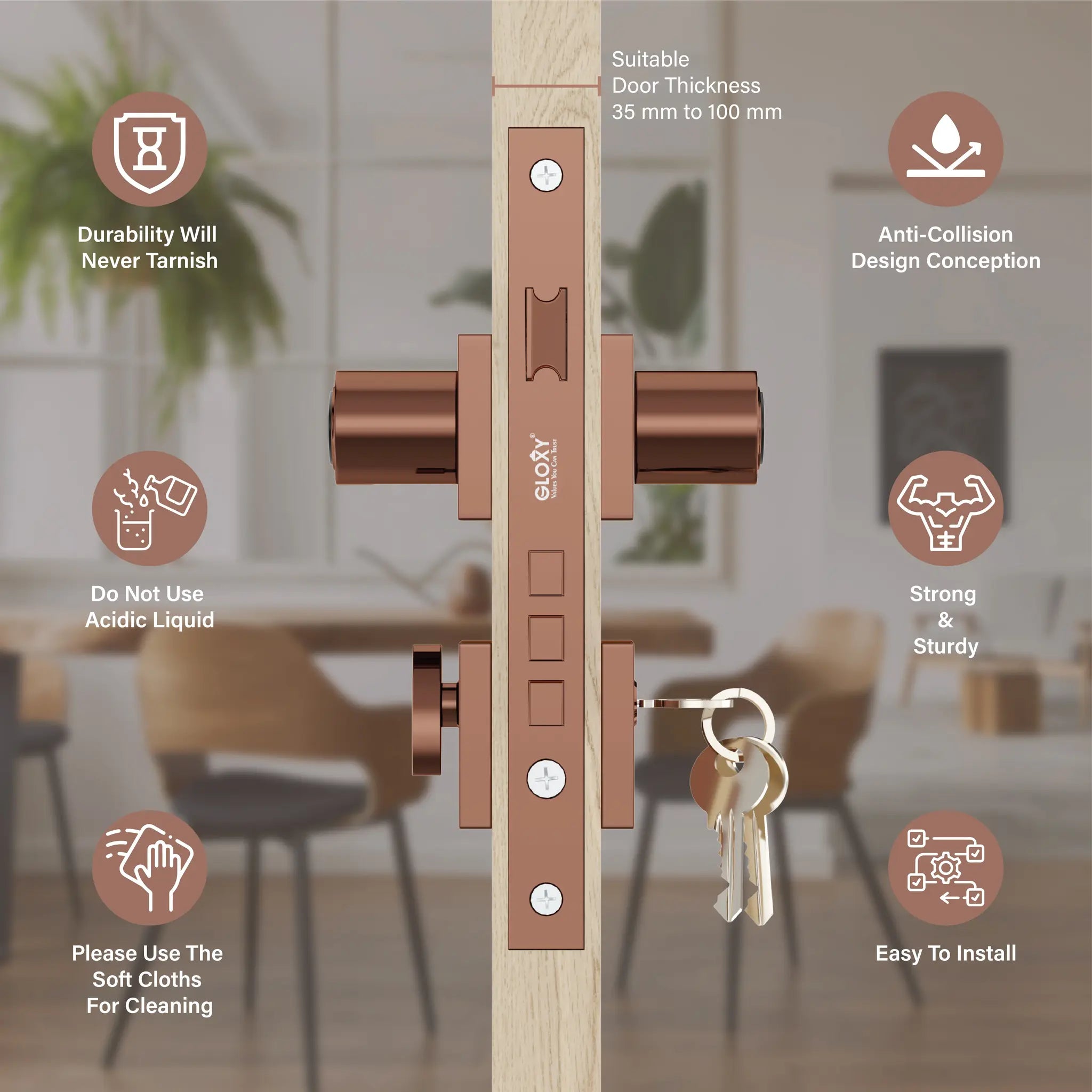Gloxy Safro Series Rose Gold Finish Mortise Main Door Key Lock With Handle