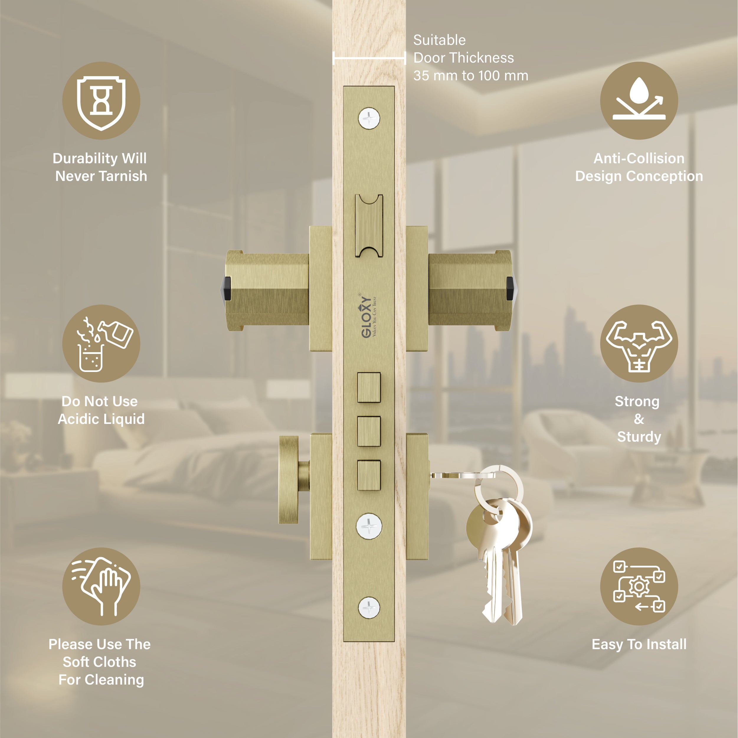 Mortise Door Handles Main Door Lock Handles Set with 3 Keys for Safety of Home | Bedroom, Office, Hotel, Home(Antique)-by GLOXY®