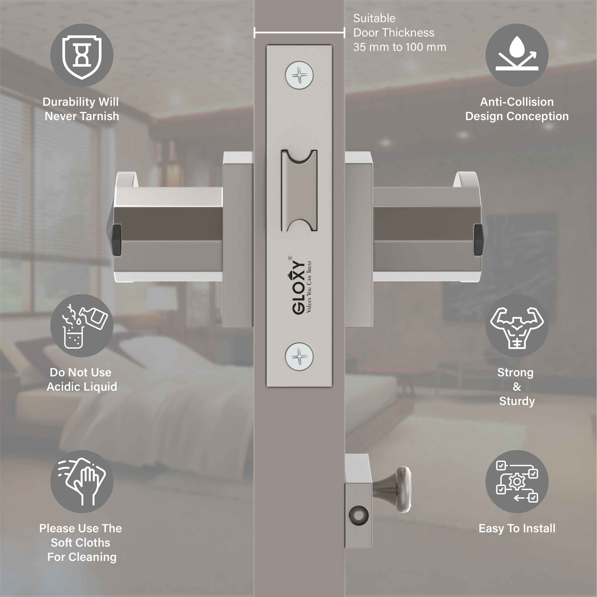 GLOXY Brass Door Lock for Balcony Store Room Door Lock, Mortise Keyless Handle Set with Brass Baby Latch for Home,Office,Hotel | Satin & Black Finish (2 Years Warranty, Pack of 1)