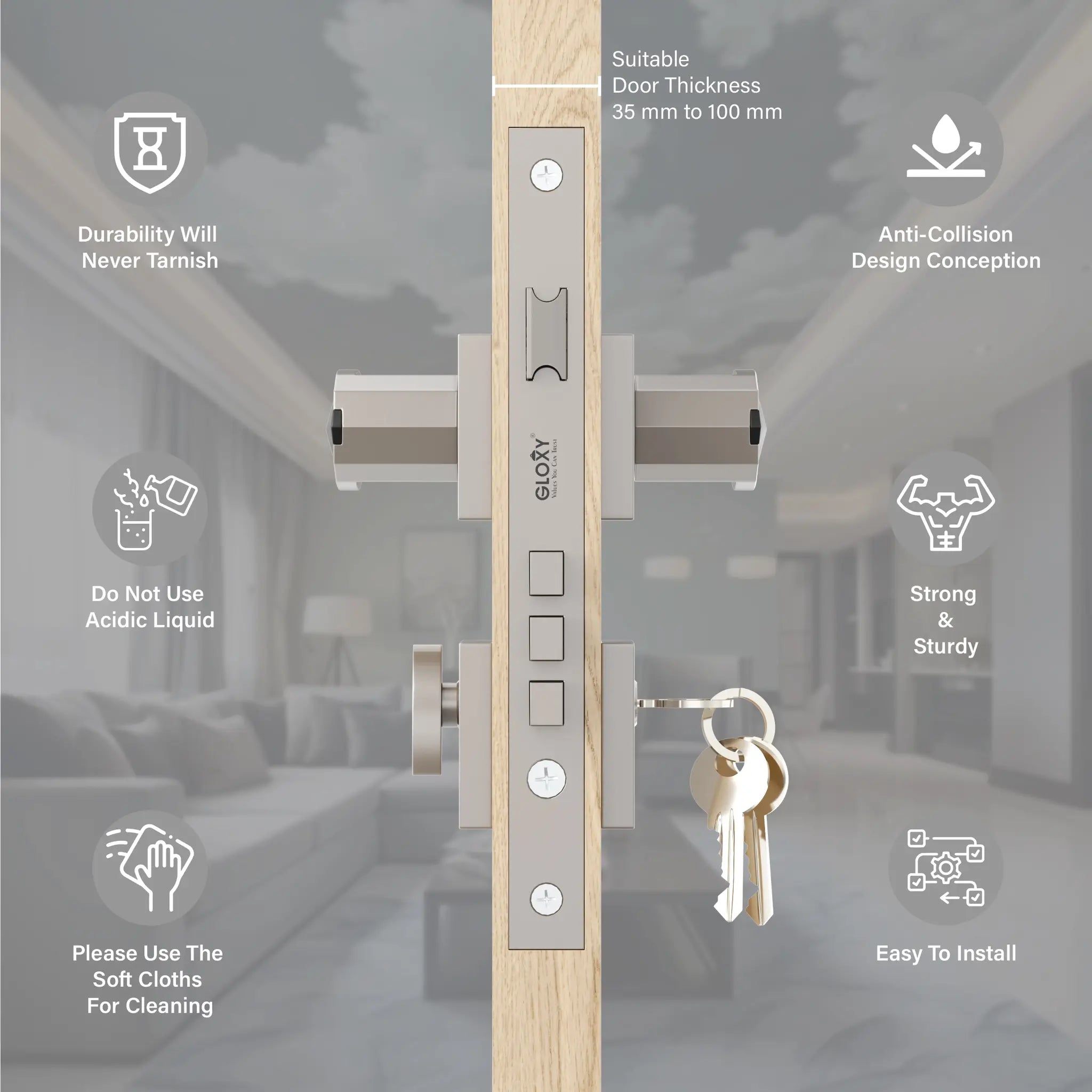 Gloxy Kavro Series Satin Chrome Finish Mortise Main Door Key Lock With Handle