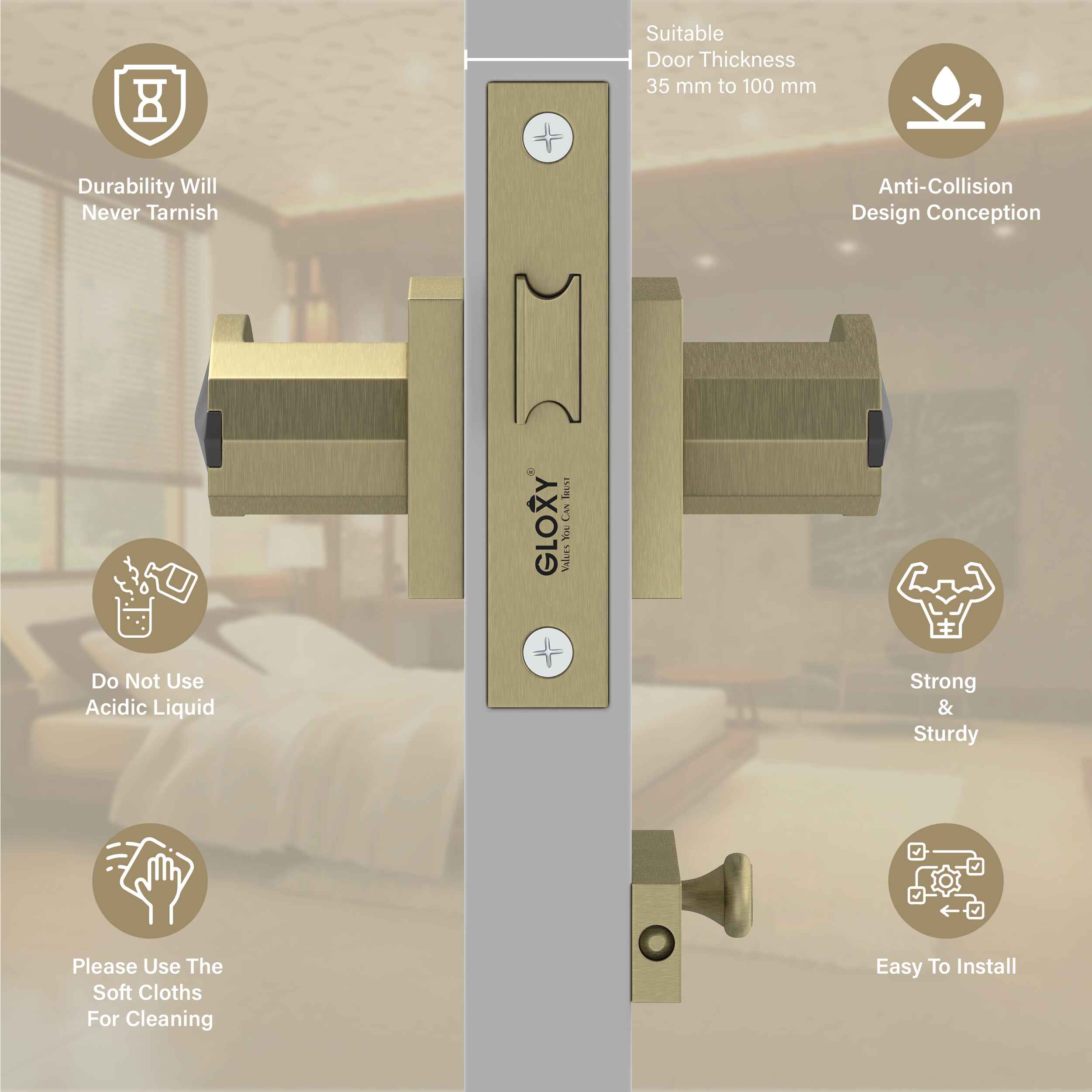 GLOXY Brass Door Lock for Balcony Store Room Door Lock, Mortise Keyless Handle Set with Brass Baby Latch for Home,Office,Hotel | Antique & Black Finish (2 Years Warranty, Pack of 1)