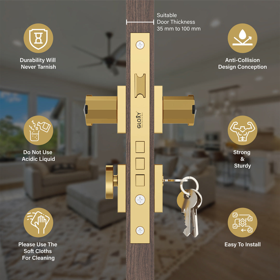 Heavy Duty Mortise Door Lock with Door Handle Lock Set for Bedroom Bathroom(Gold) -by GLOXY®