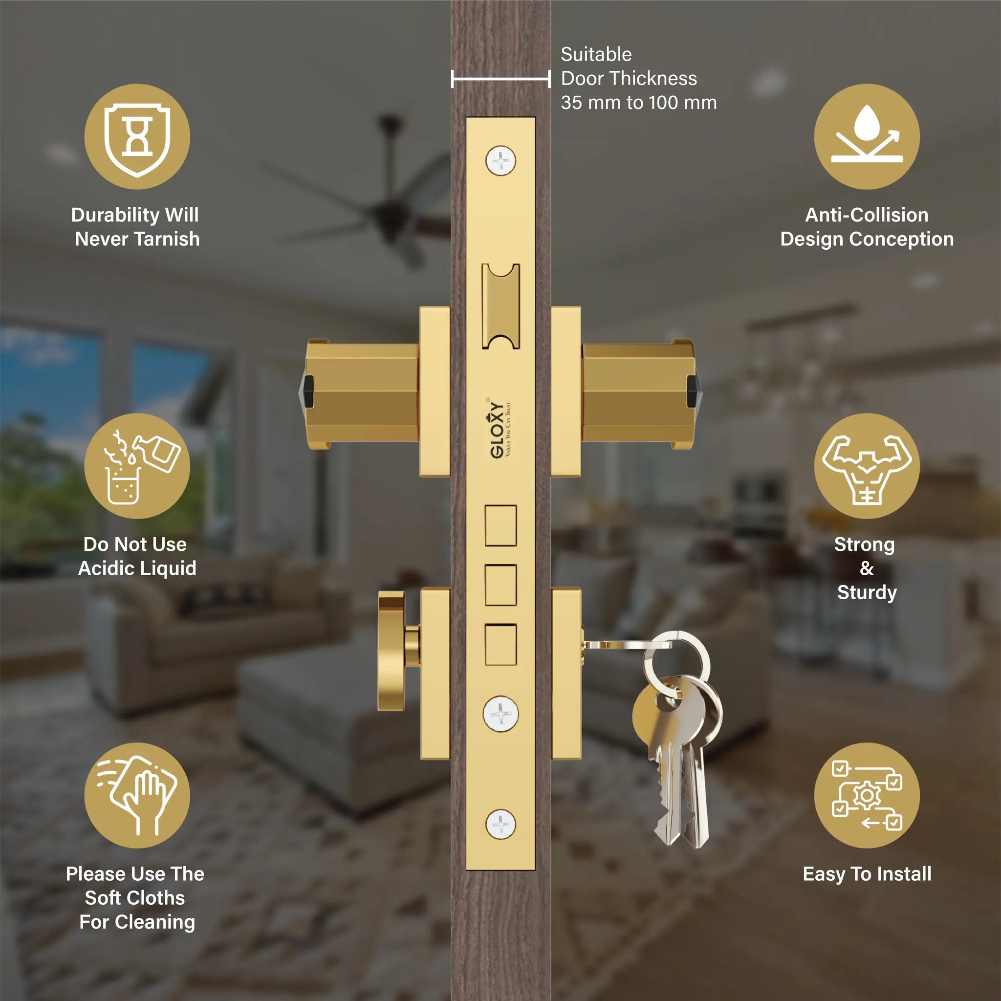 Gloxy Kavro Series Gold Finish Mortise Main Door Key Lock With Handle