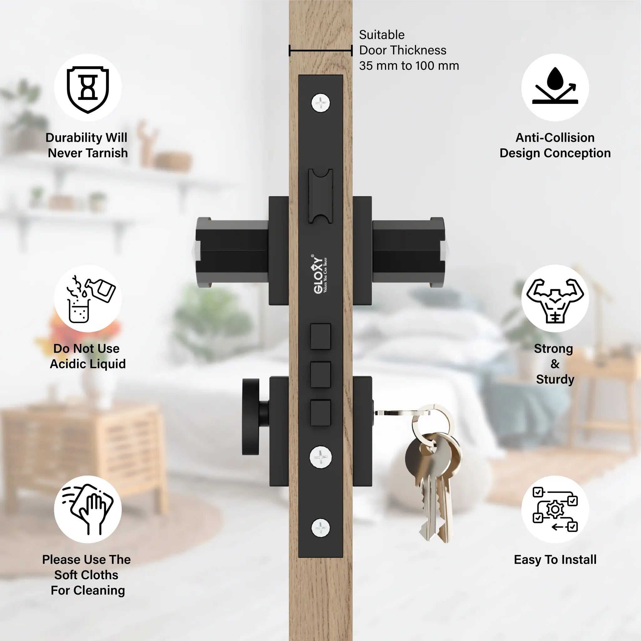Gloxy Kavro Series Black Finish Mortise Main Door Key Lock With Handle