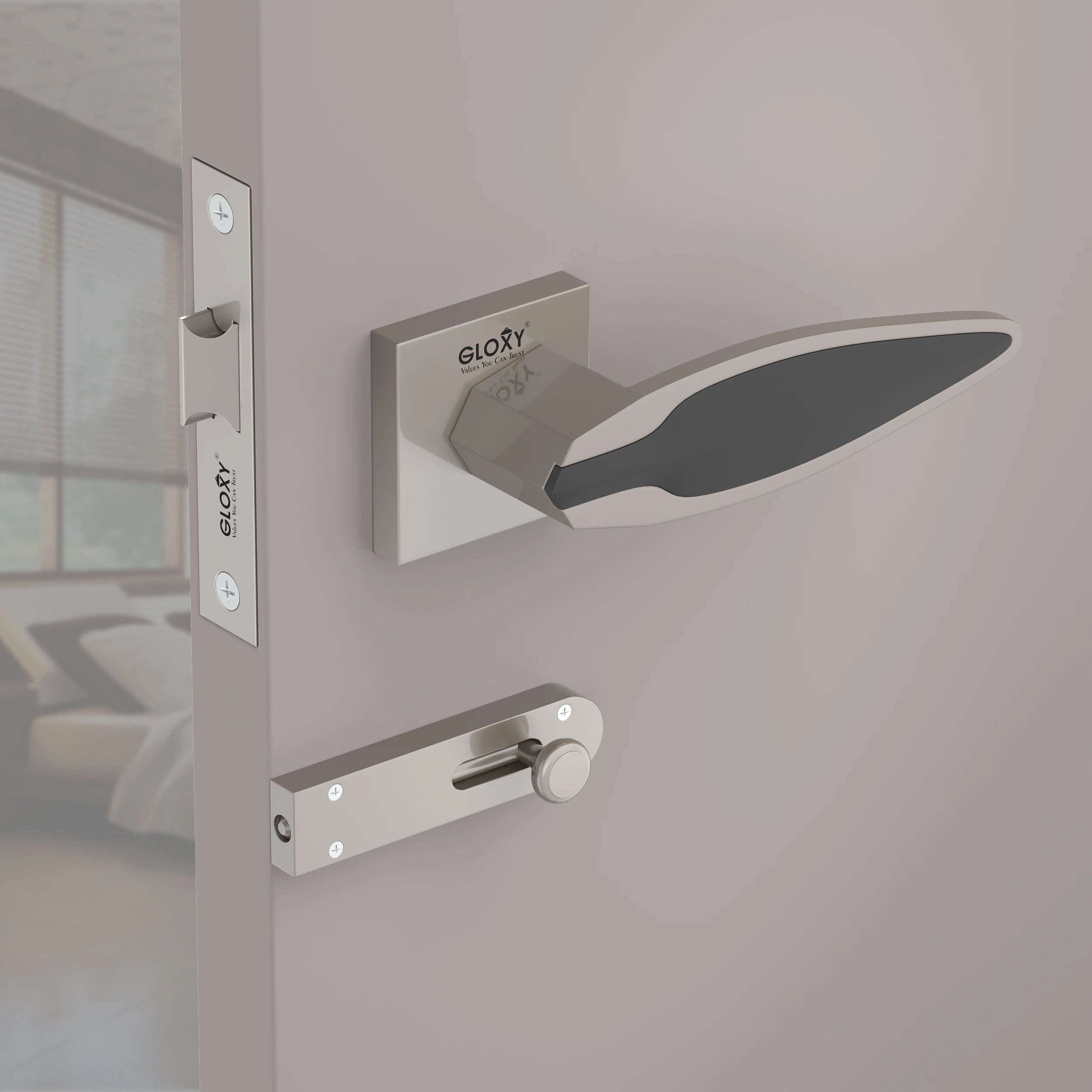 Gloxy Kavro Series Satin Chrome Finish Mortise Bathroom Door Latch Lock With Handle