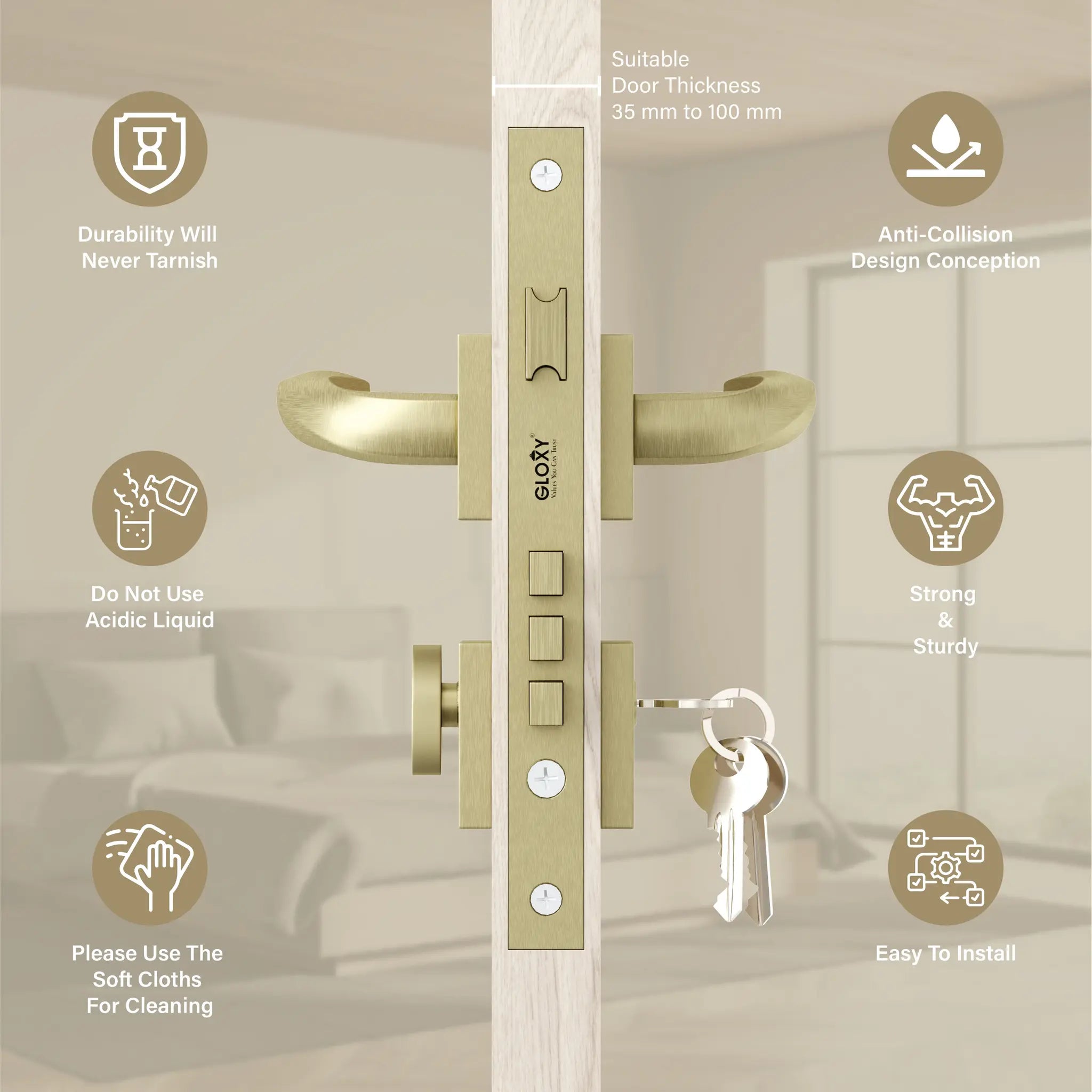 Gloxy Venso Series Antique Finish Mortise Main Door key Lock With Handle
