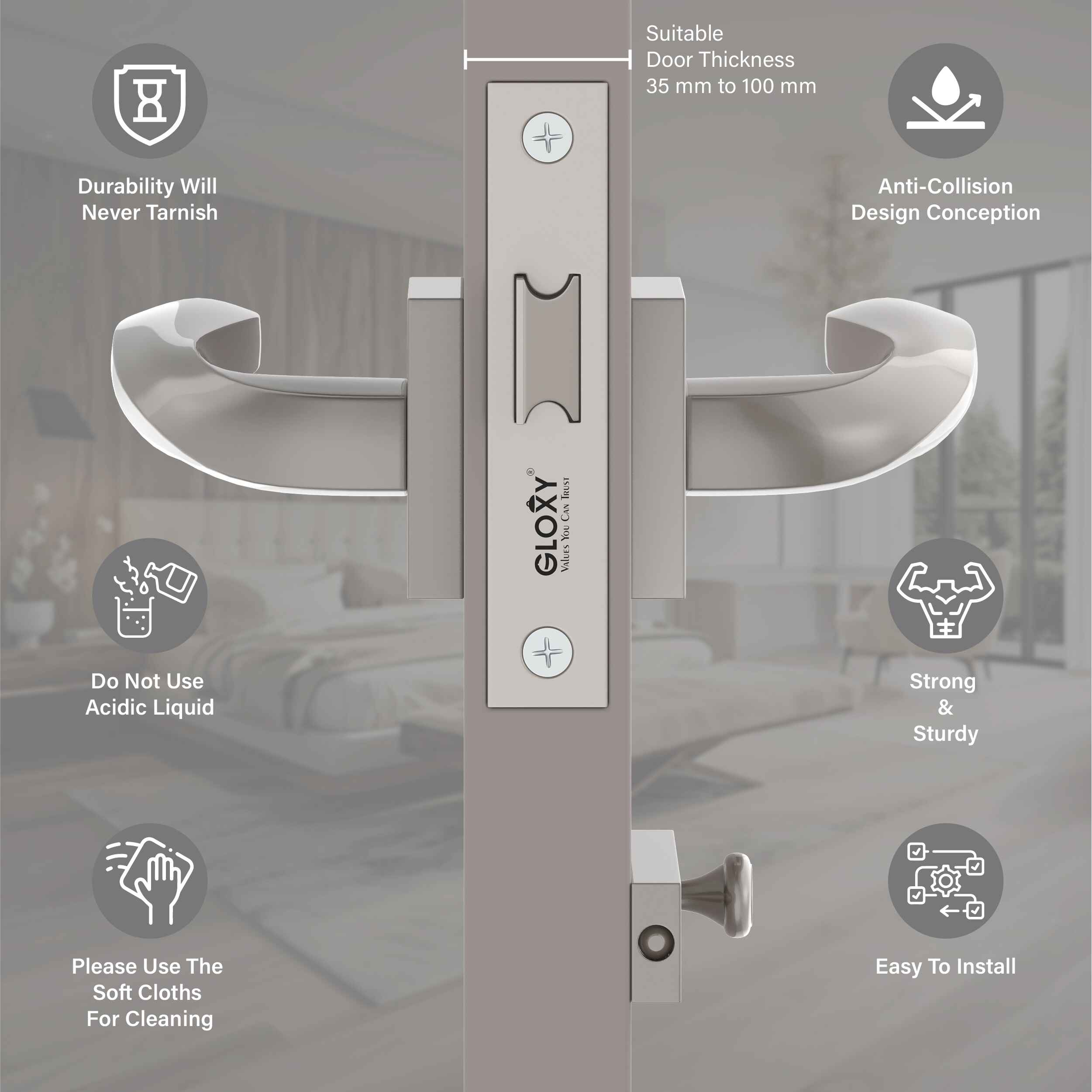 GLOXY Brass Door Lock for Balcony Store Room Door Lock, Mortise Keyless Handle Set with Brass Baby Latch for Home,Office,Hotel | Satin Chrome Finish (2 Years Warranty, Pack of 1)