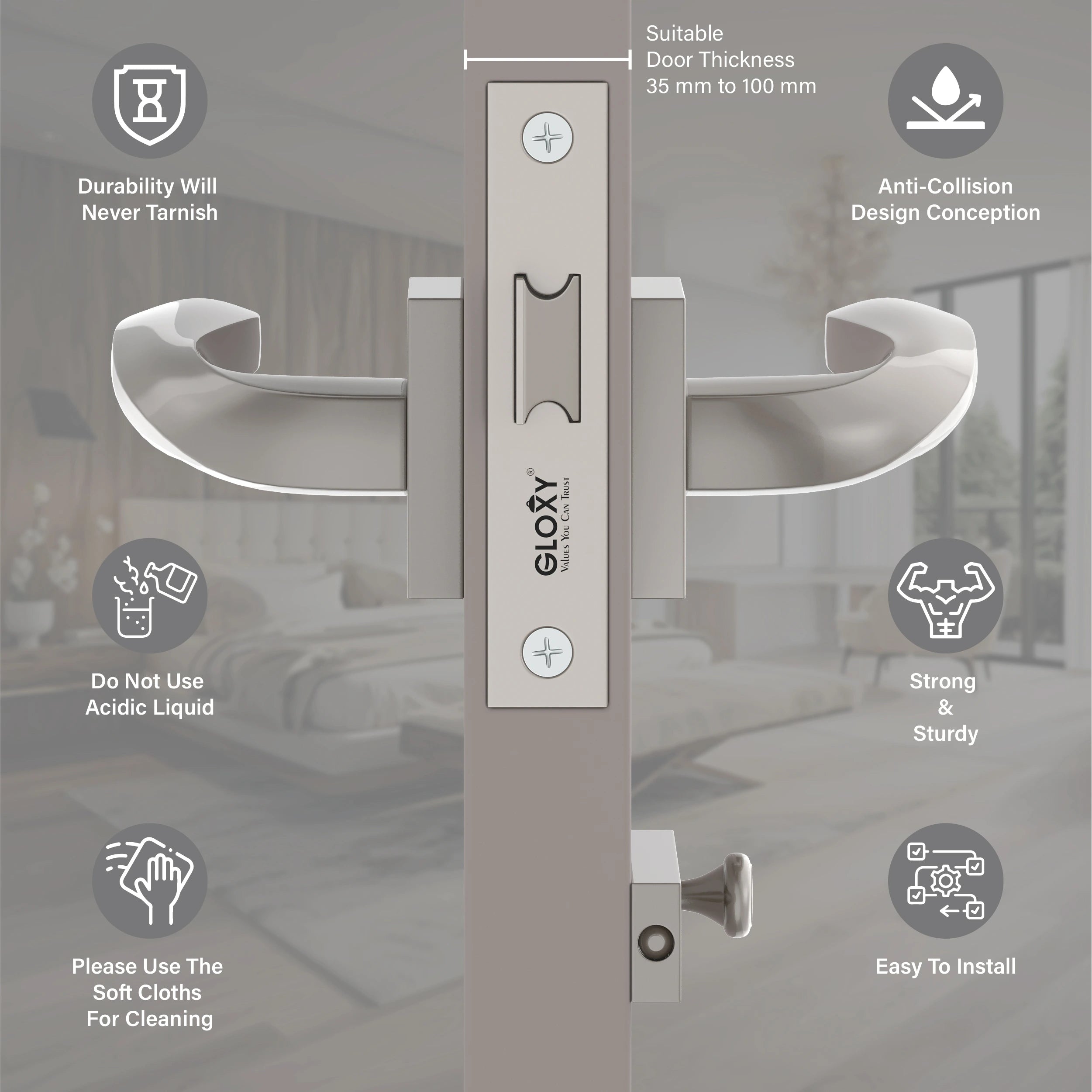 Gloxy Venso Series Satin Chrome Finish Mortise Bathroom Door Latch Lock With Handle