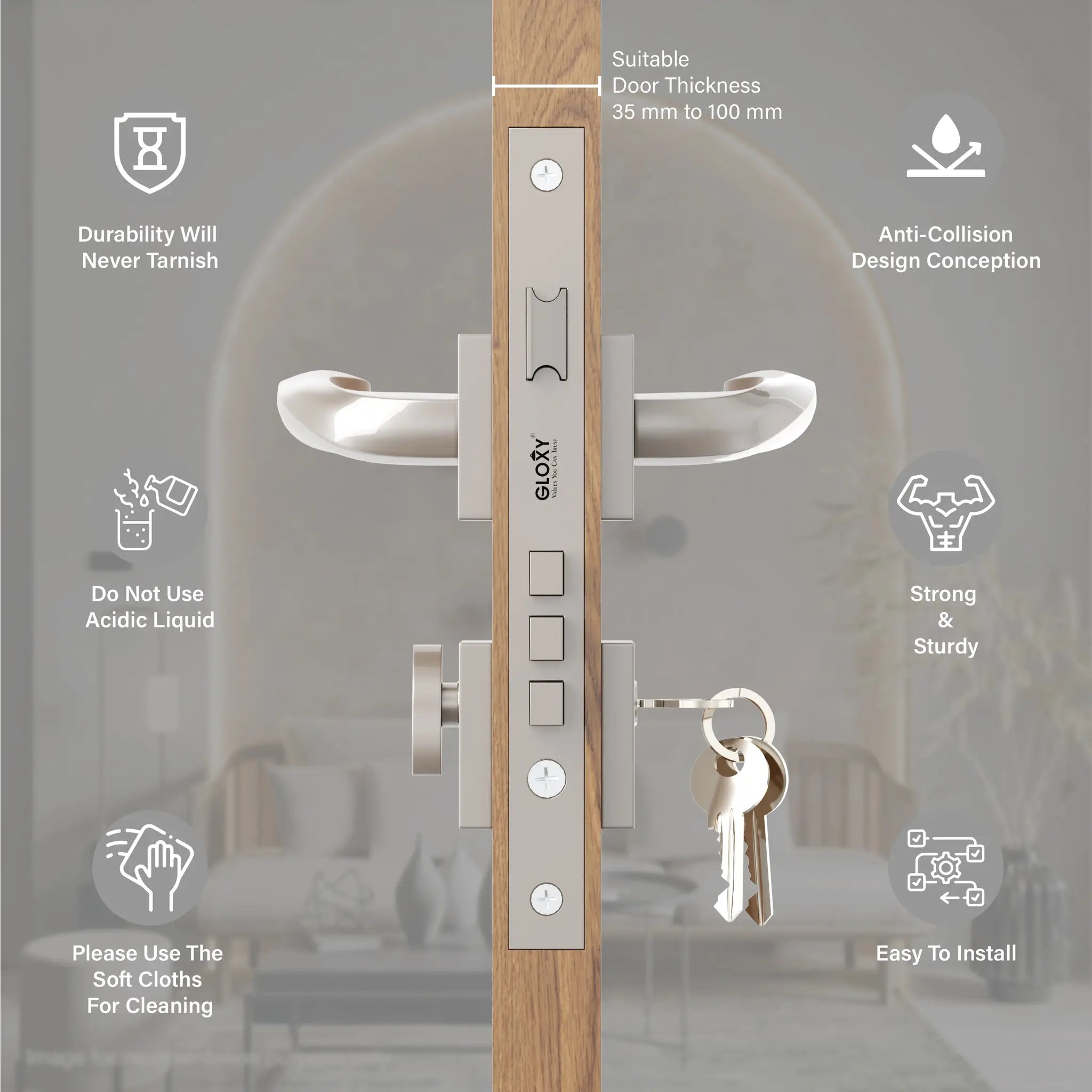 Gloxy Venso Series Satin Chrome Finish Mortise Main Door key Lock With Handle