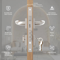 Mortise Door Handles Main Door Lock Handles Set with 3 Keys for Safety of Home | Bedroom, Office, Hotel, Home(Satin Chrome)-by GLOXY®
