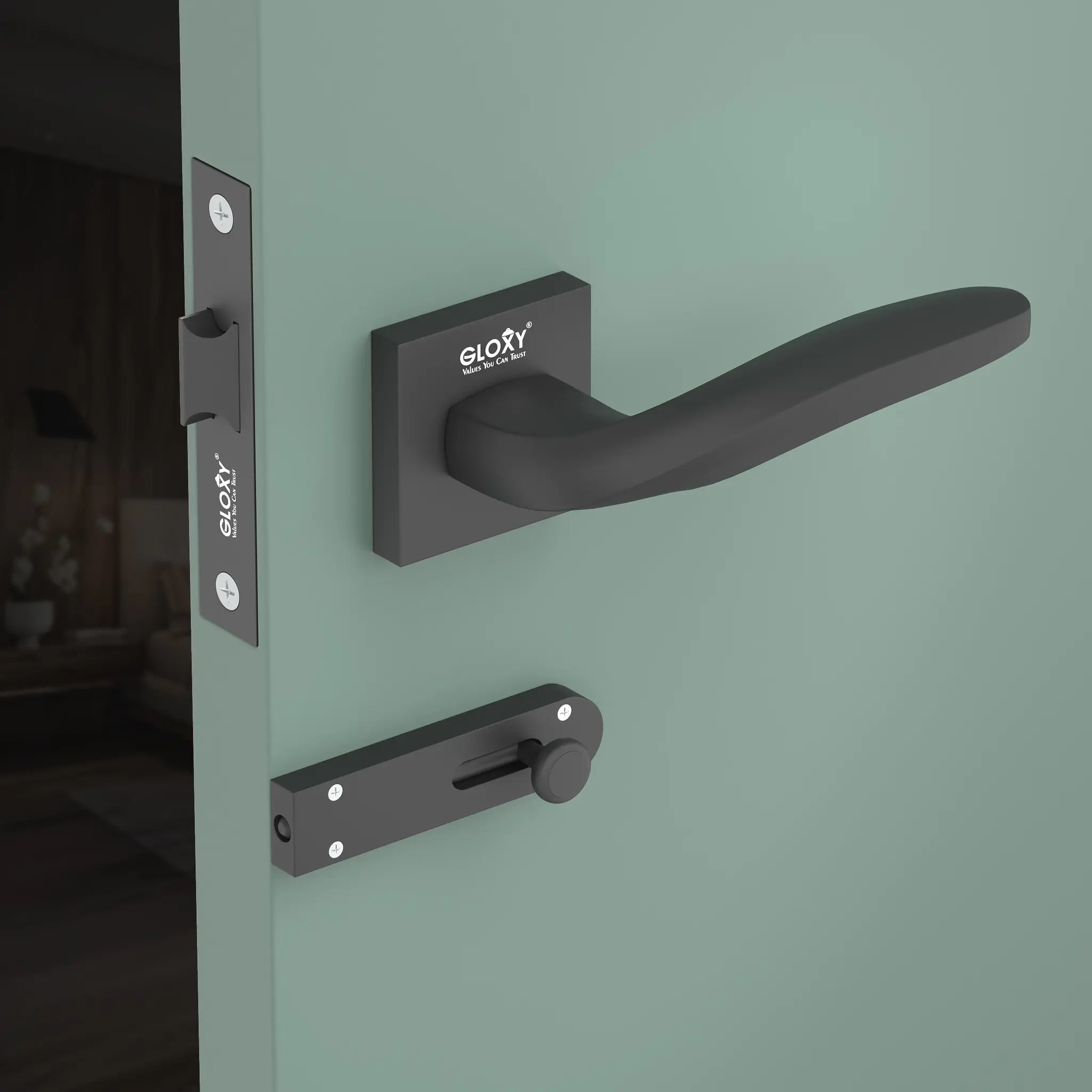 Gloxy Venso Series Black Finish Mortise Bathroom Door Latch Lock With Handle