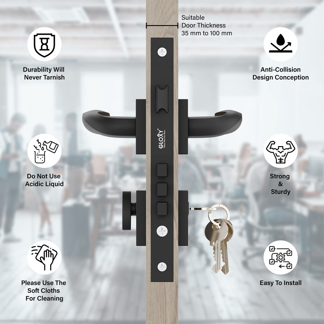 Mortise Door Lock, High-Security Door Lock for Main Door & Bedroom, Durable Handle Set(Black)-by GLOXY®