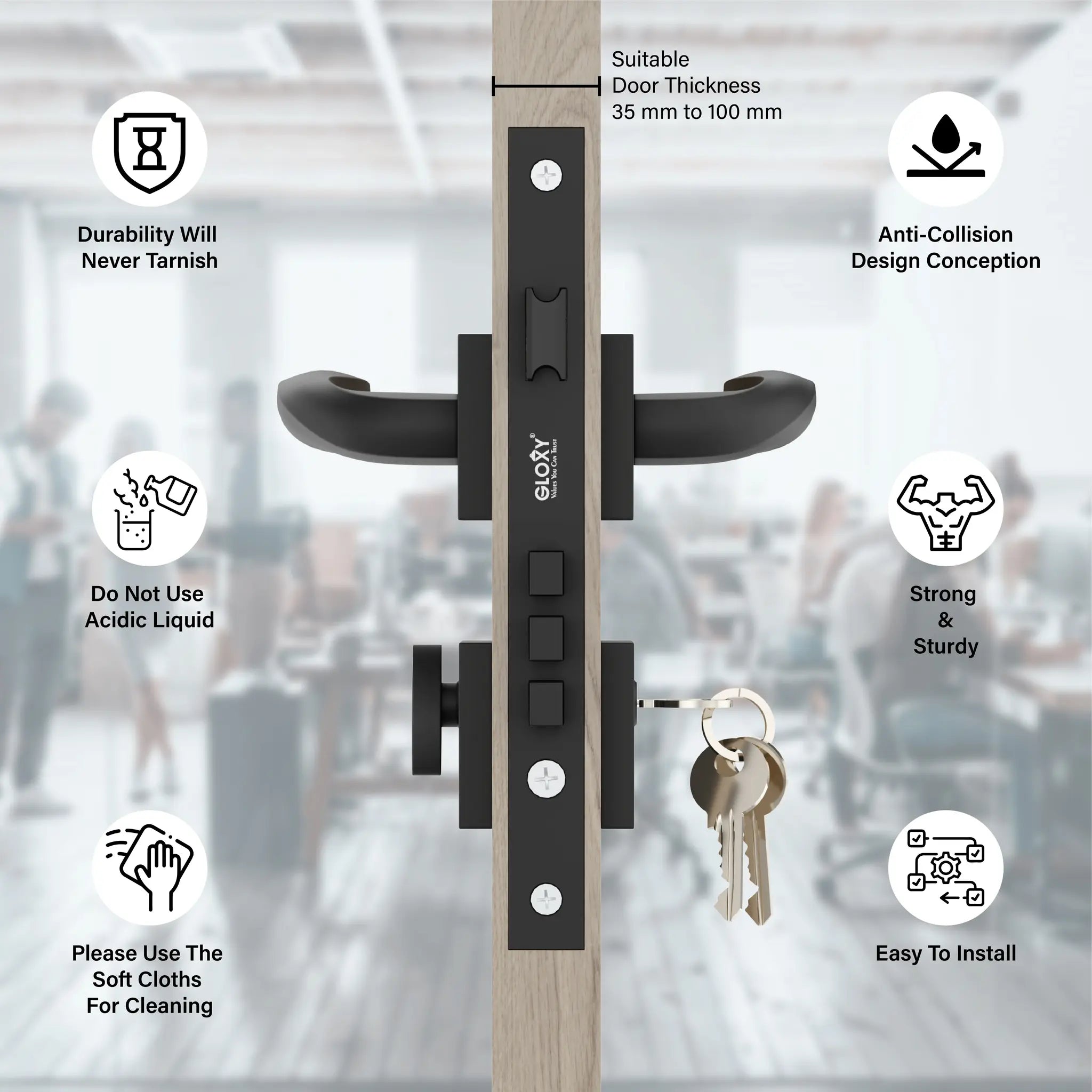 Gloxy Venso Series Black Finish Mortise Main Door key Lock With Handle