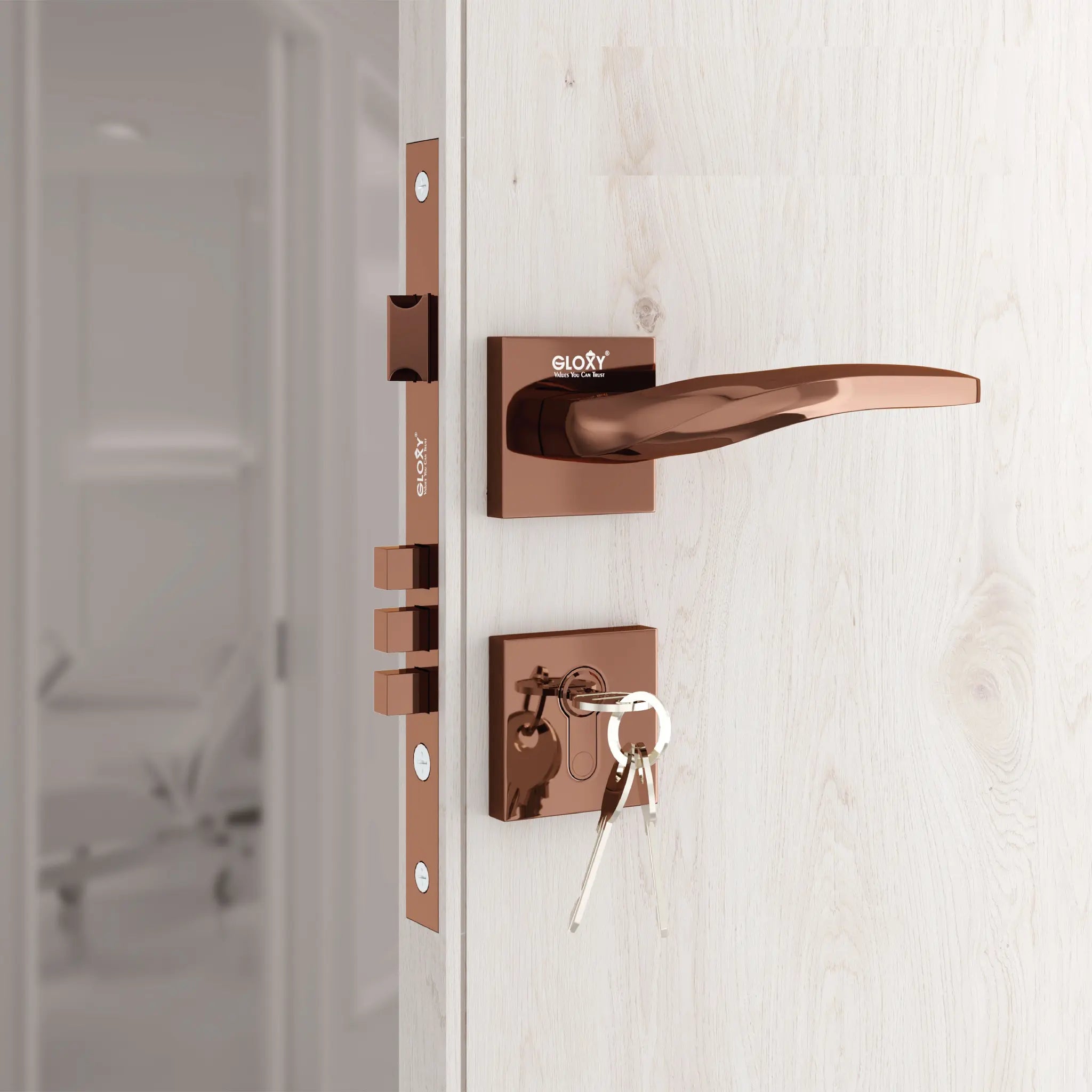 Gloxy Venso Series Rose Gold Finish Mortise Main Door key Lock With Handle