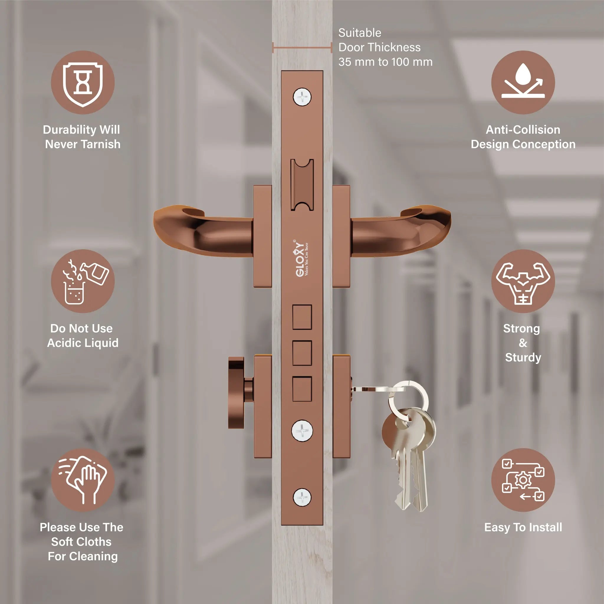 Gloxy Venso Series Rose Gold Finish Mortise Main Door key Lock With Handle