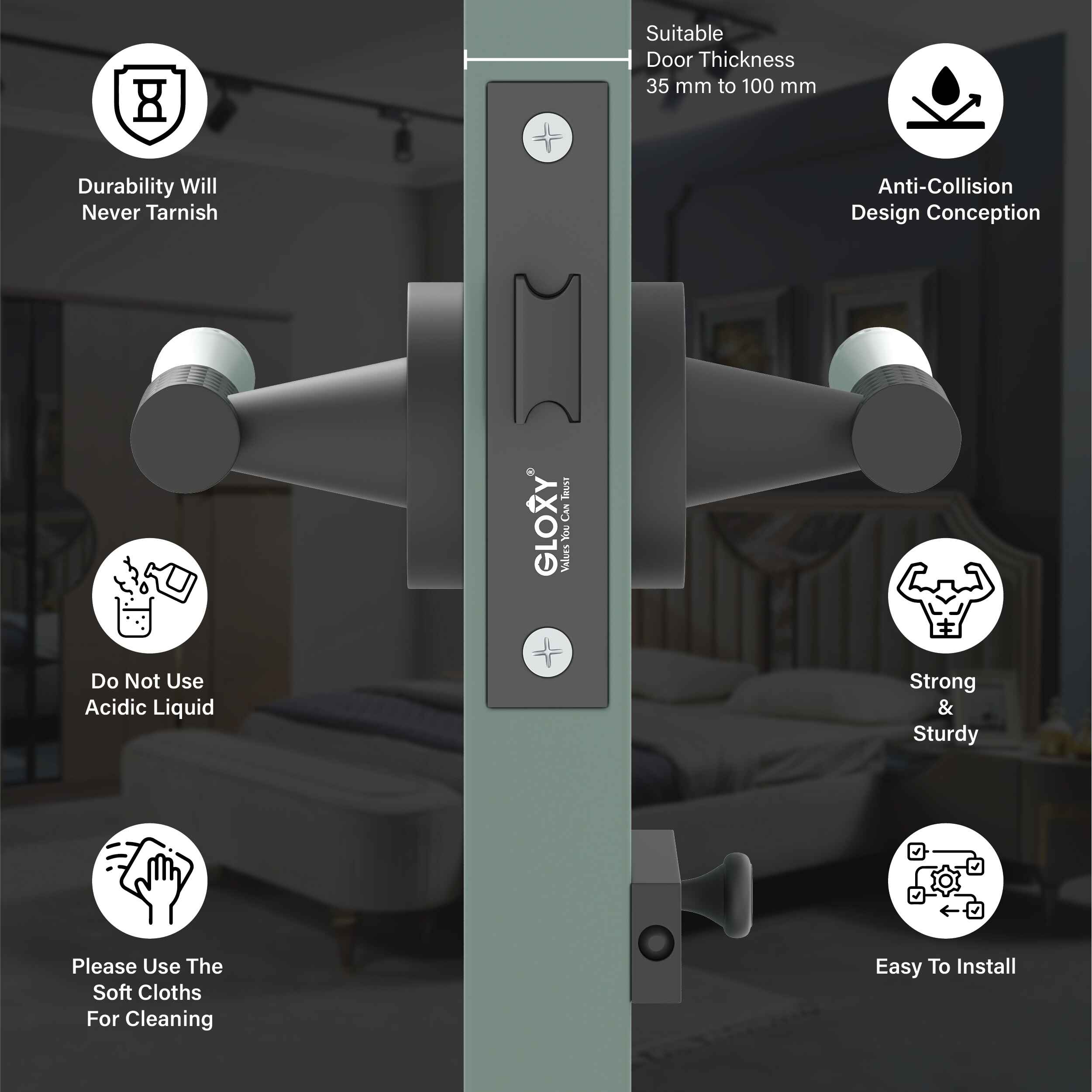 GLOXY Brass Door Lock for Balcony Store Room Door Lock, Mortise Keyless Handle Set with Brass Baby Latch for Home,Office,Hotel | Black & White Finish (2 Years Warranty, Pack of 1)