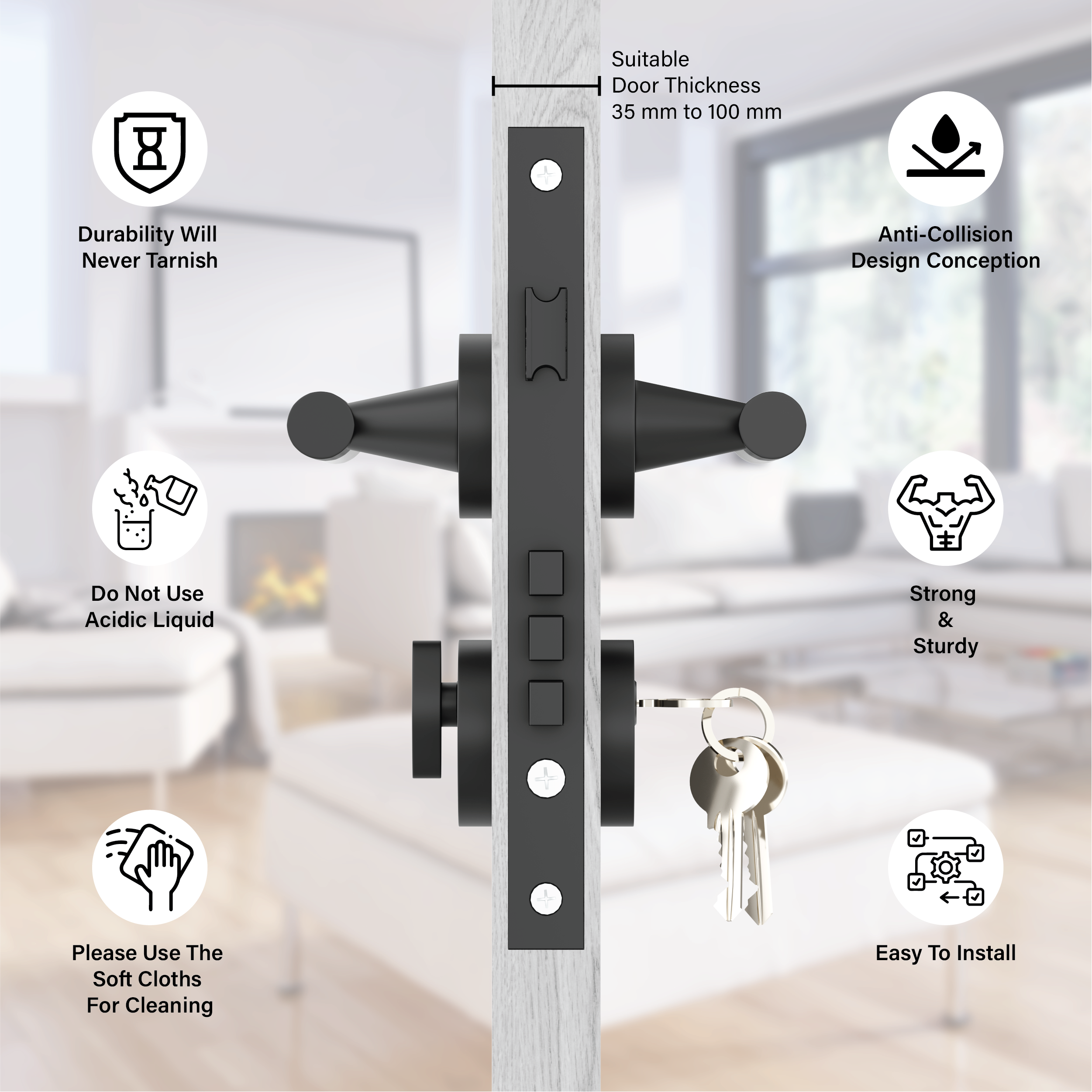 Mortise Door Handles Main Door Lock Handles Set with 3 Keys for Safety of Home | Bedroom, Office, Hotel, Home-by GLOXY®