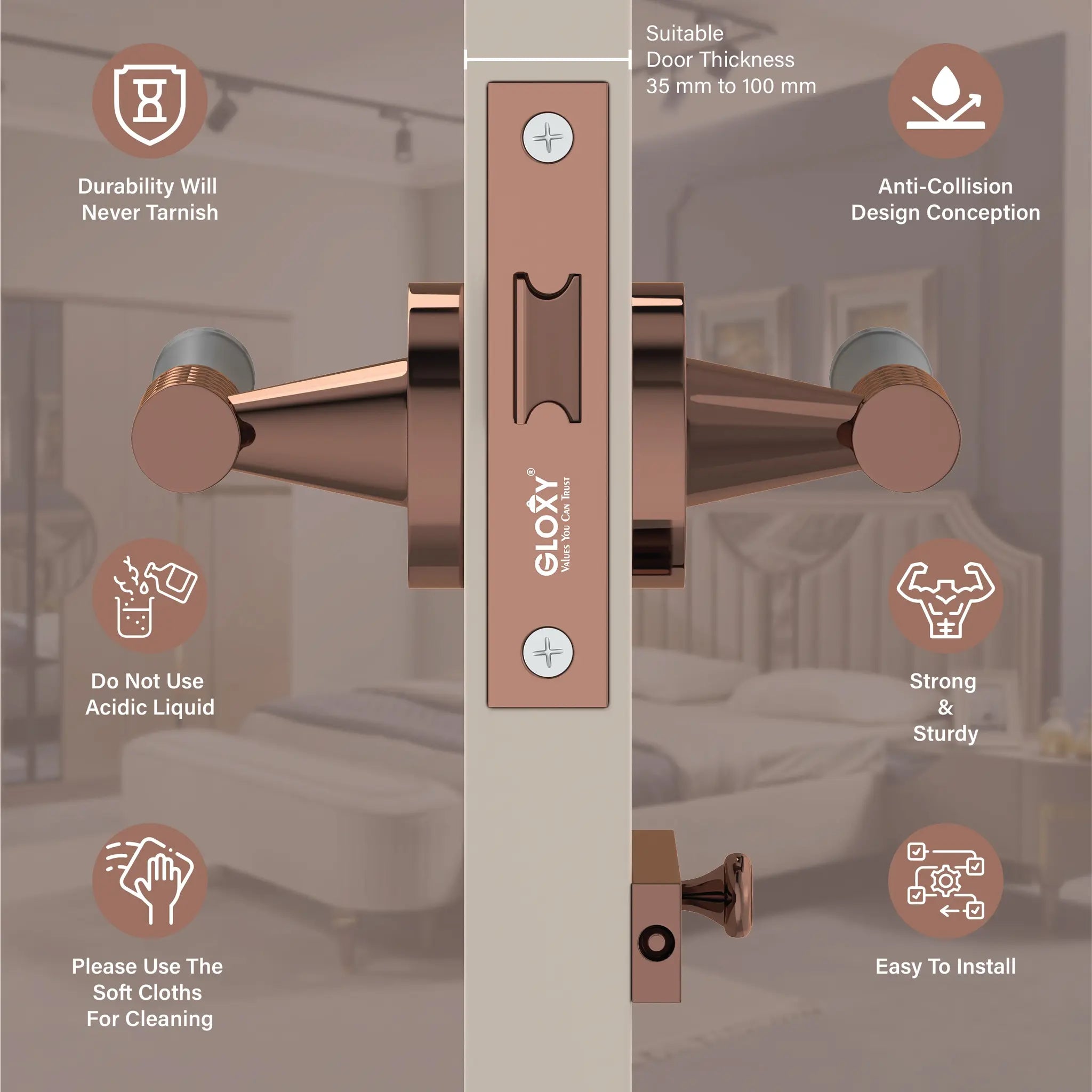 GLOXY Brass Door Lock for Balcony Store Room Door Lock, Mortise Keyless Handle Set with Brass Baby Latch for Home,Office,Hotel | Rose Gold & Black Finish (2 Years Warranty, Pack of 1)