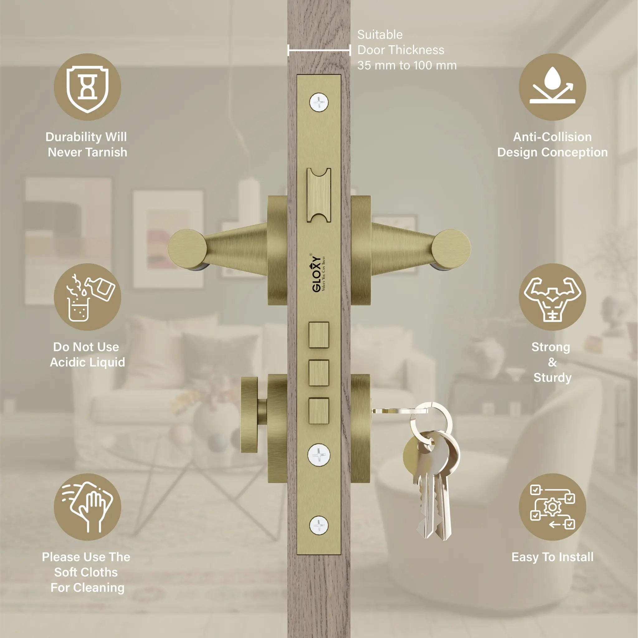 Mortise Door Handles Main Door Lock Handles Set with 3 Keys for Safety of Home | Bedroom, Office, Hotel, Home(Antique)-by GLOXY®