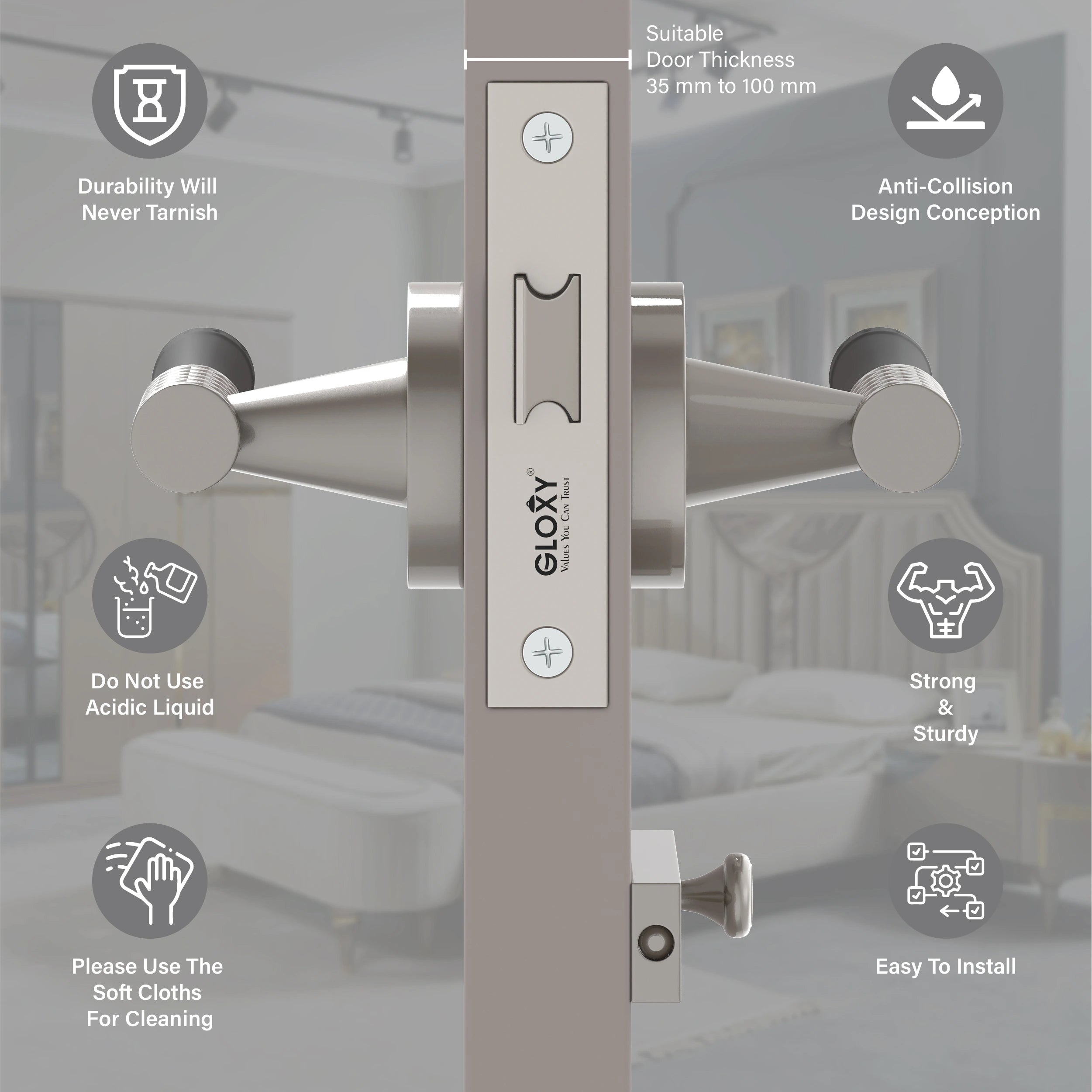 Gloxy Dexon Series Satin Chrome Finish Mortise Bathroom Door Latch Lock With Handle