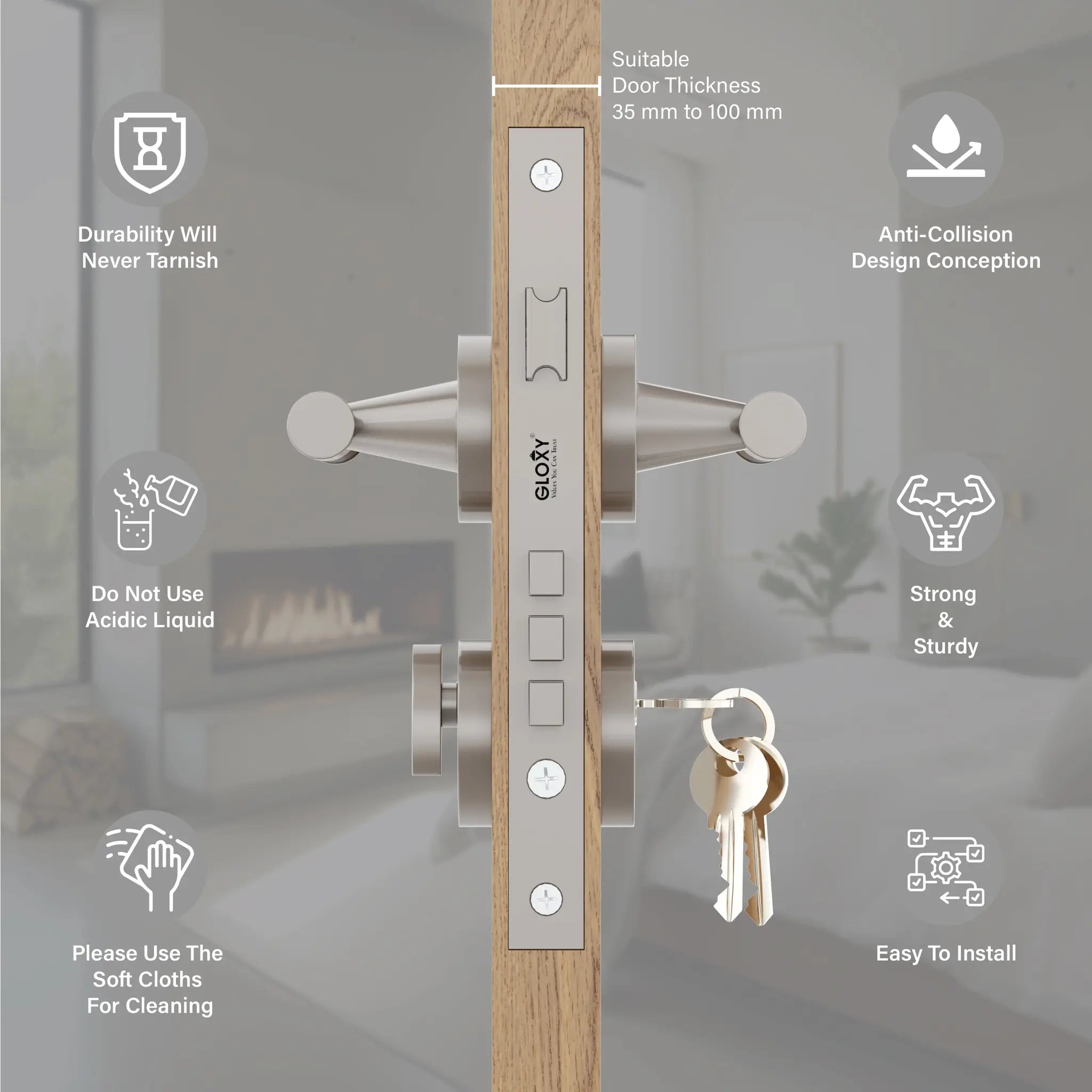 Mortise Door Handles Main Door Lock Handles Set with 3 Keys for Safety of Home | Bedroom, Office, Hotel, Home(Satin Chrome)-by GLOXY®