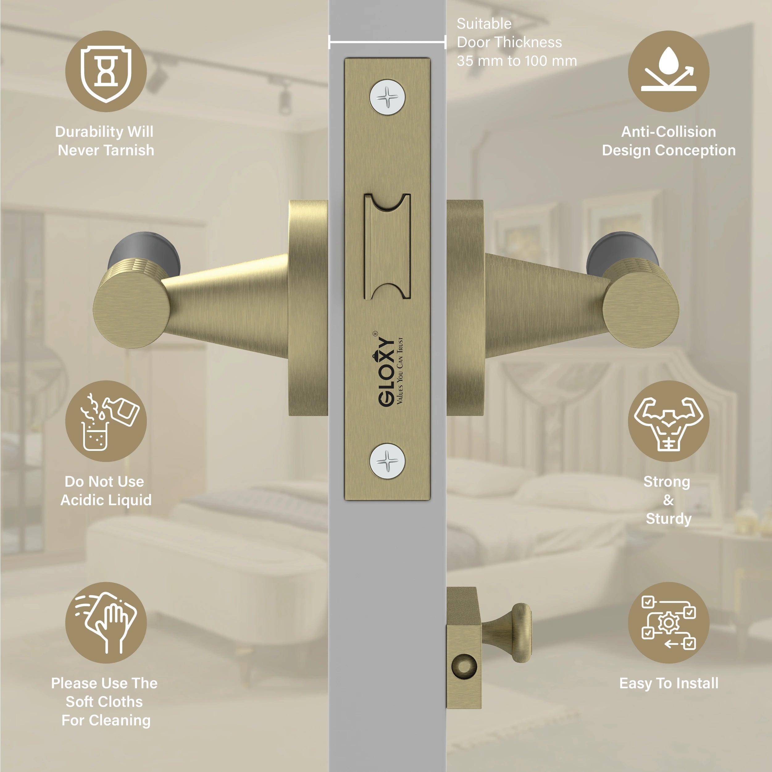 GLOXY Brass Door Lock for Balcony Store Room Door Lock, Mortise Keyless Handle Set with Brass Baby Latch for Home,Office,Hotel | Antique & Black Finish (2 Years Warranty, Pack of 1)