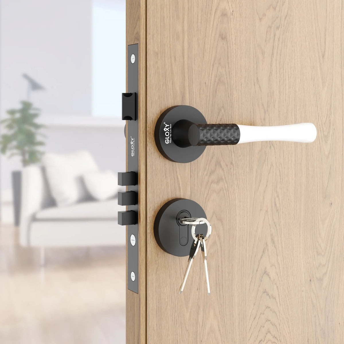 Mortise Door Handles Main Door Lock Handles Set with 3 Keys for Safety of Home | Bedroom, Office, Hotel, Home(Black)-by GLOXY®