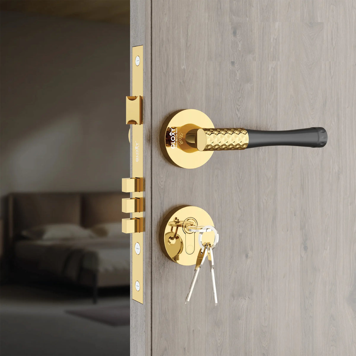 Mortise Door Handles Main Door Lock Handles Set with 3 Keys for Safety of Home | Bedroom, Office, Hotel, Home(Gold)-by GLOXY®