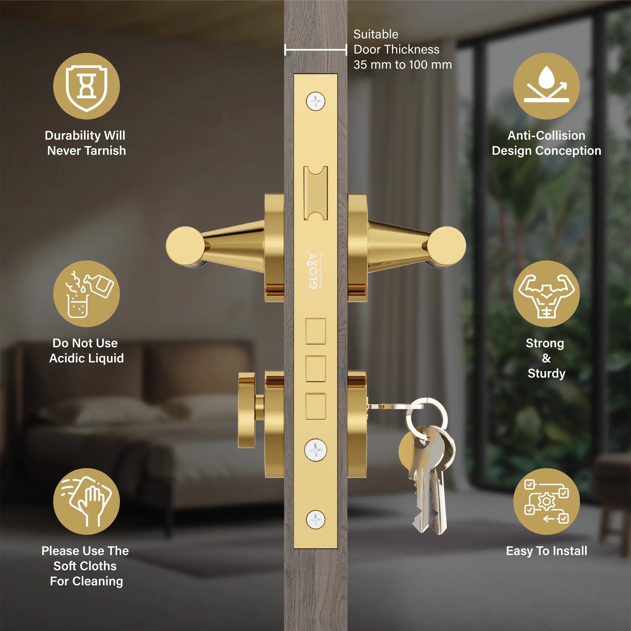 Mortise Door Handles Main Door Lock Handles Set with 3 Keys for Safety of Home | Bedroom, Office, Hotel, Home(Gold)-by GLOXY®