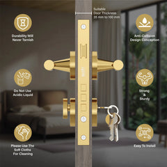 Mortise Door Handles Main Door Lock Handles Set with 3 Keys for Safety of Home | Bedroom, Office, Hotel, Home(Gold)-by GLOXY®