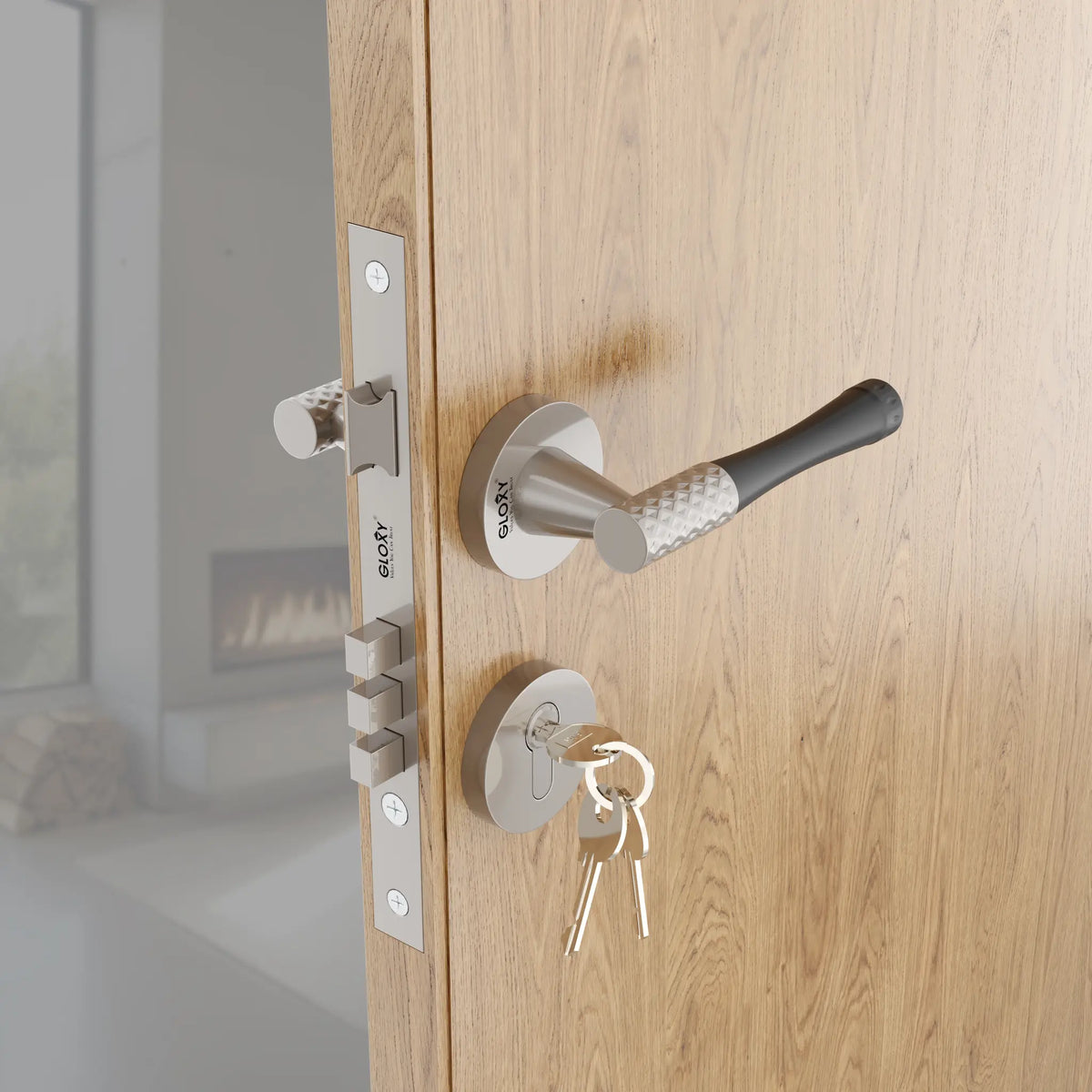 Mortise Door Handles Main Door Lock Handles Set with 3 Keys for Safety of Home | Bedroom, Office, Hotel, Home(Satin Chrome)-by GLOXY®