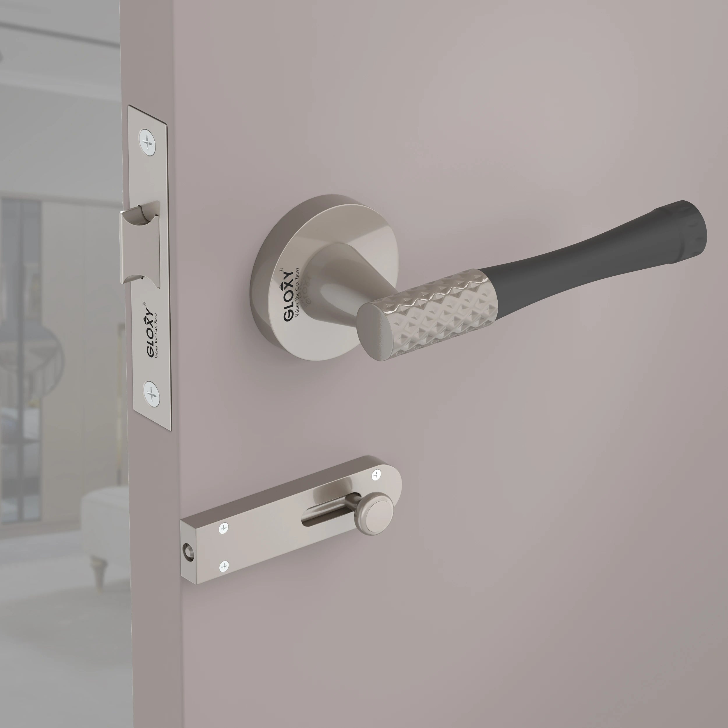 Gloxy Dexon Series Satin Chrome Finish Mortise Bathroom Door Latch Lock With Handle