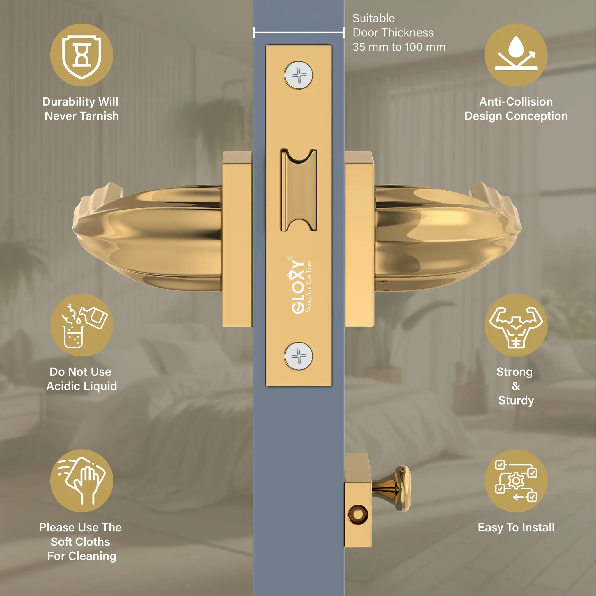 Gloxy Forta Series Gold Finish Mortise Bathroom Door Latch Lock With Handle