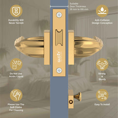 GLOXY Brass Door Locks for Bathroom Door Lock,Mortise Keyless Handle Set with Brass Baby Latch for Bathroom, Kitchen | Gold Finish (2 Years Warranty, Pack of 1)