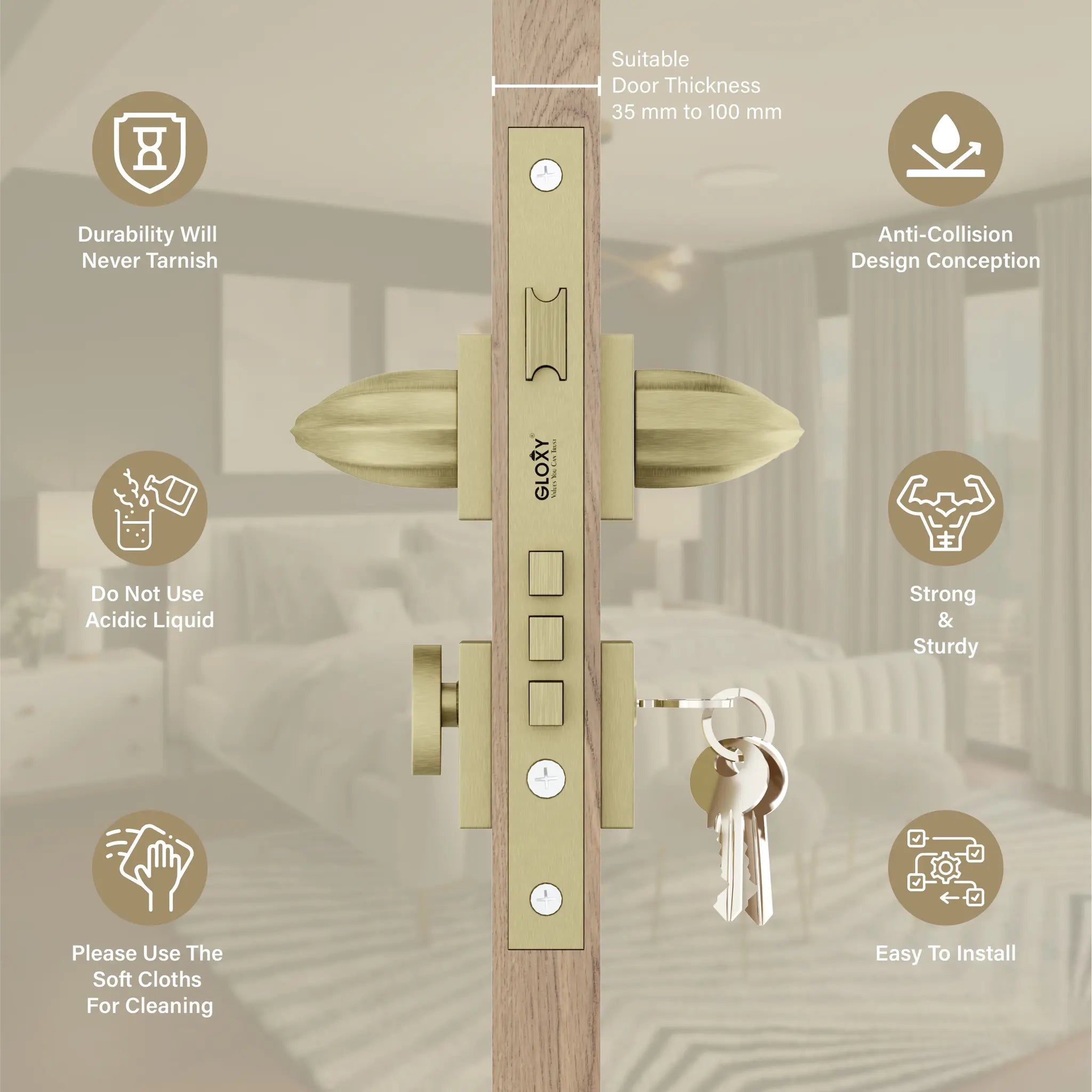 Mortise Door Handles Main Door Lock Handles Set with 3 Keys for Safety of Home | Bedroom, Office, Hotel, Home(Antique)-by GLOXY®