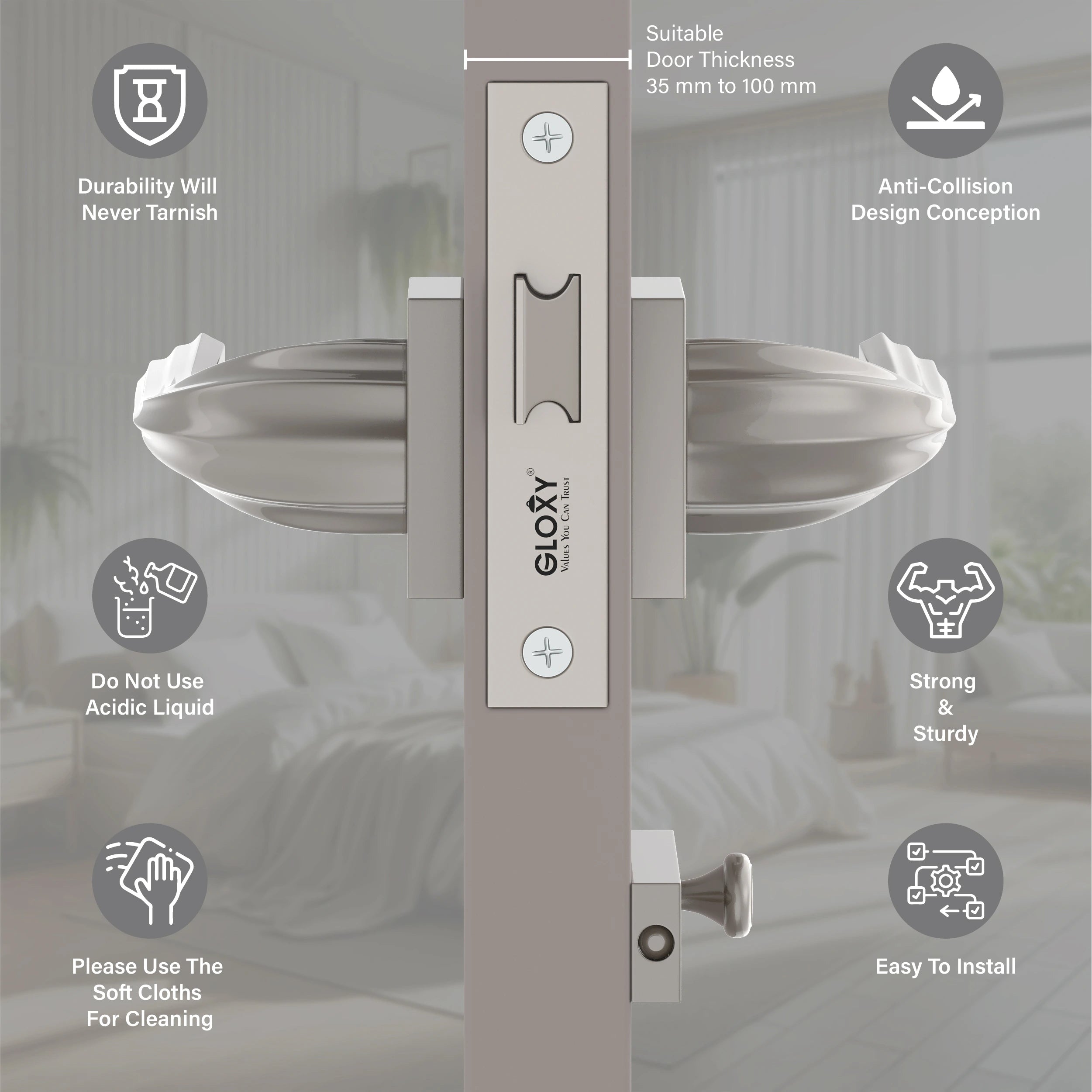 Gloxy Forta Series Satin Chrome Finish Mortise Bathroom Door Latch Lock With Handle