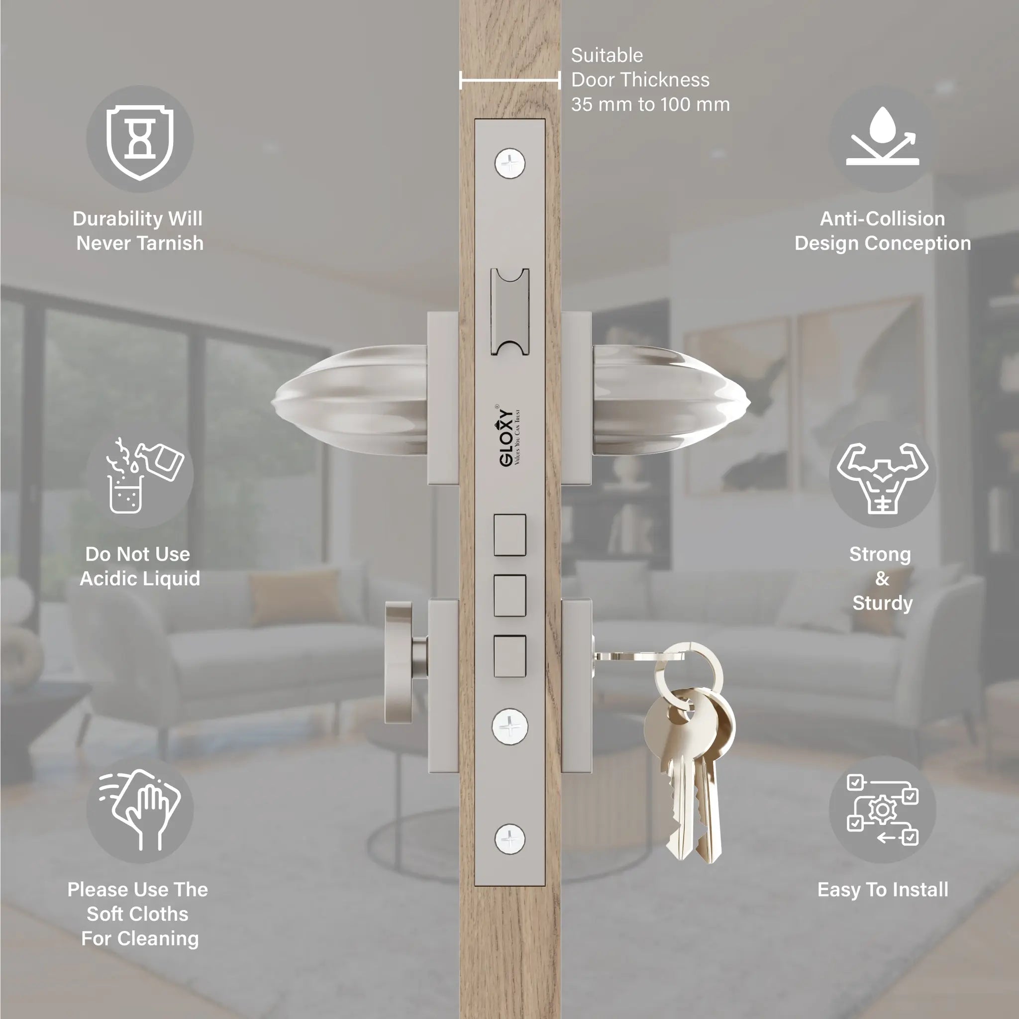 Gloxy Forta Series Satin Chrome Finish Mortise Main Door Key Lock With Handle