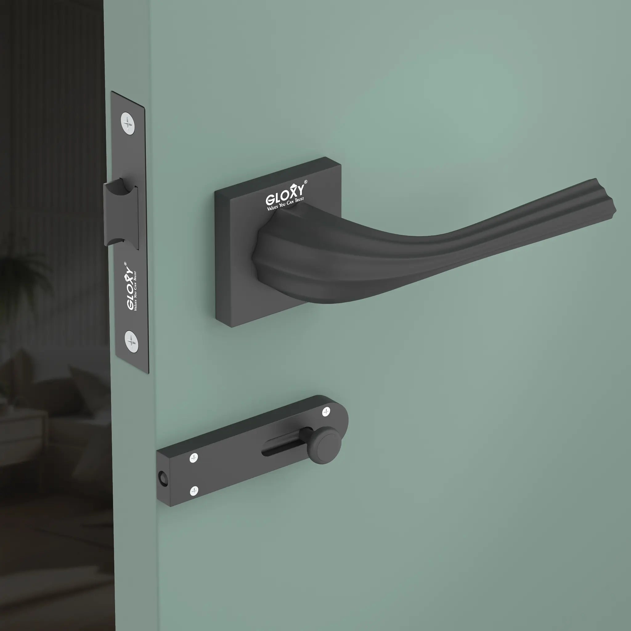 Gloxy Forta Series Black Finish Mortise Bathroom Door Latch Lock With Handle