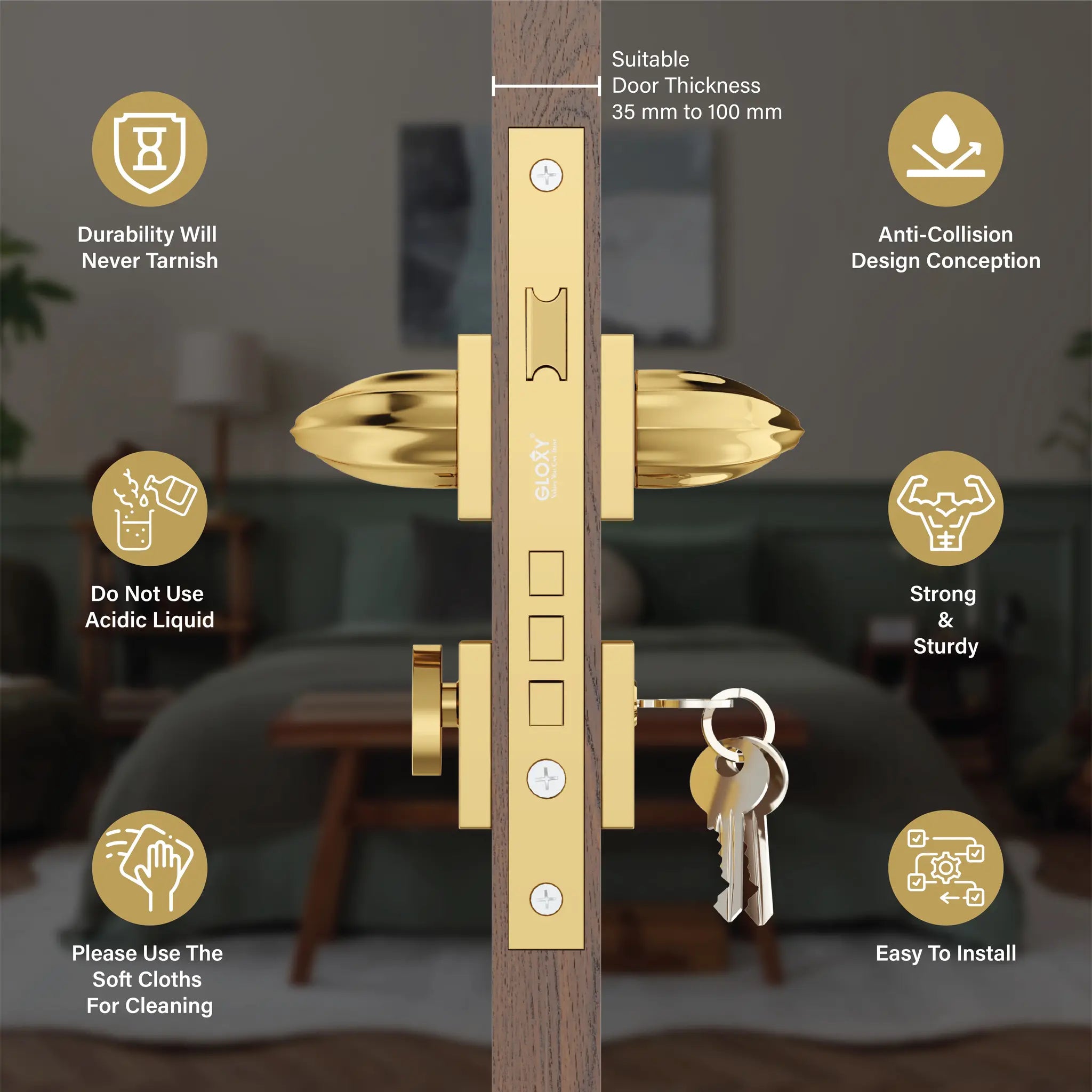 Gloxy Forta Series Gold Finish Mortise Main Door Key Lock With Handle