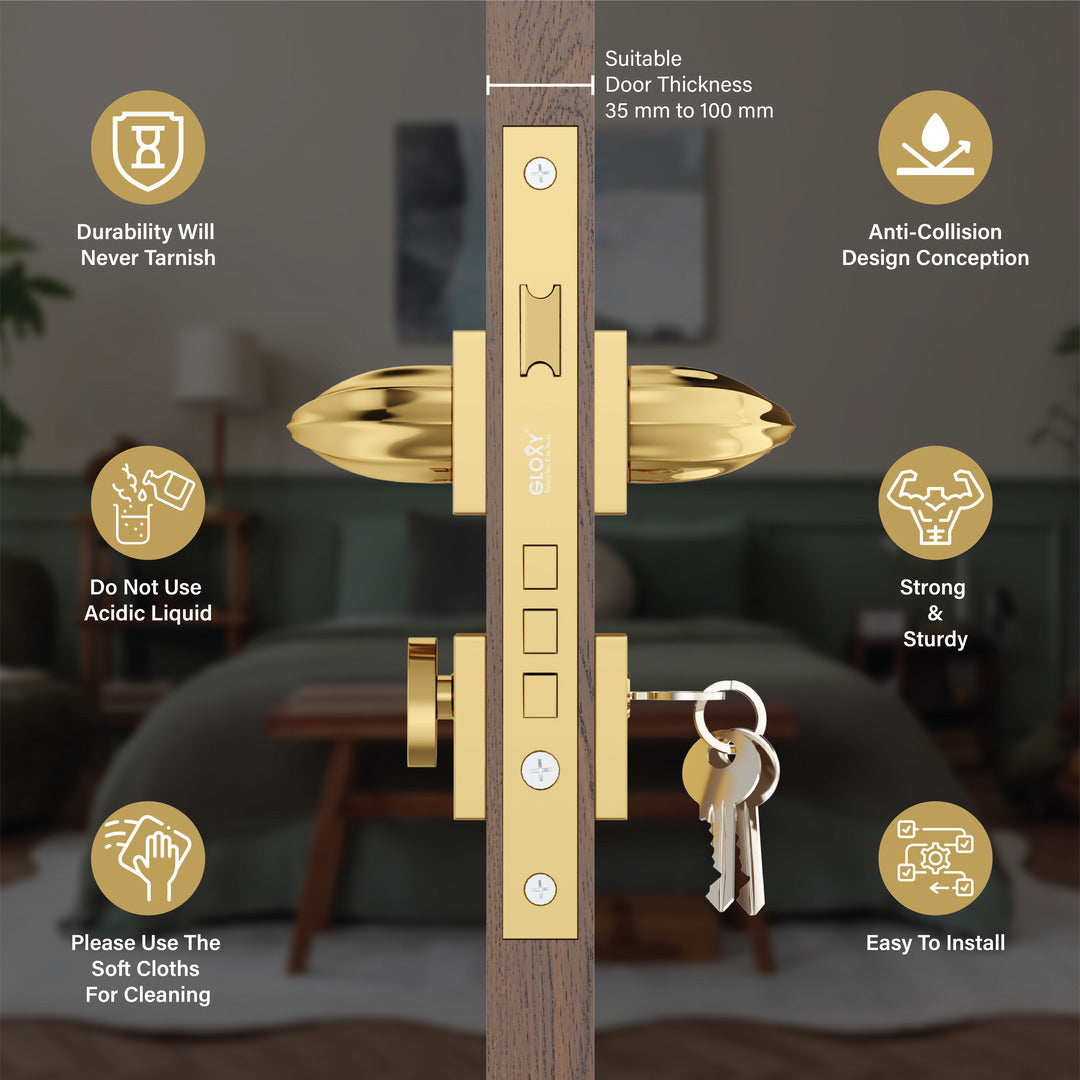 Style Mute Handle Lock Mortise Door Locks for Main Door Handle Set with Brass Lock Body Set(Gold)-by GLOXY®