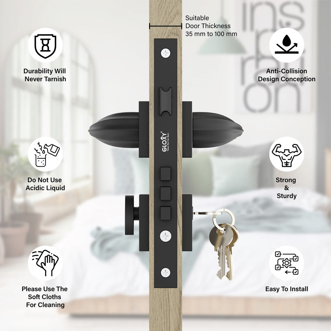 Style Mute Handle Lock Mortise Door Locks for Main Door Handle Set with Brass Lock Body Set(Black)-by GLOXY®